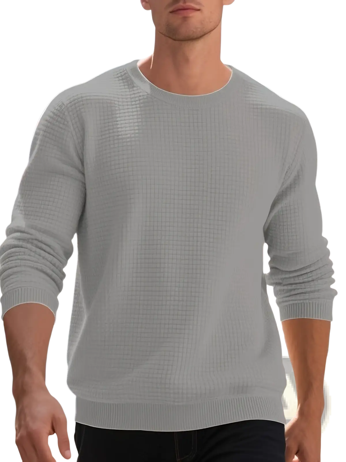 A light gray premium jacquard knit round neck sweater with textured fabric and ribbed cuffs for men and women
