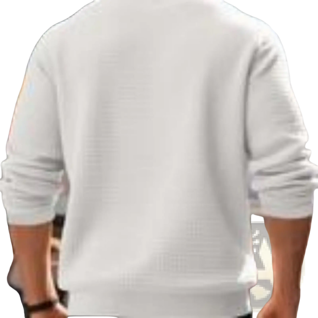 White premium jacquard knit round neck sweater for men and women with ribbed hem and cuffs