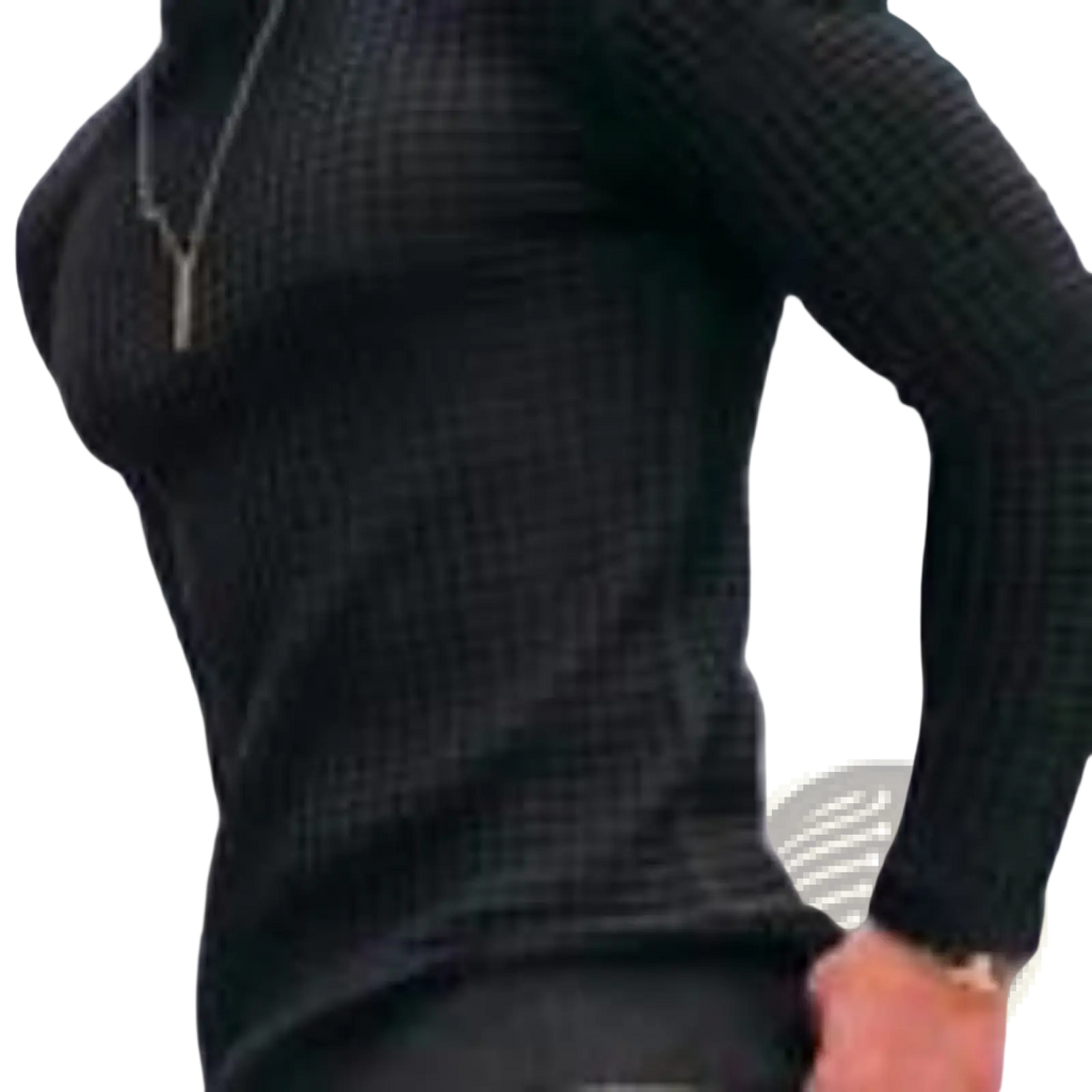 Black ribbed knit sweater with high neck and long sleeves made from premium jacquard knit for men and women