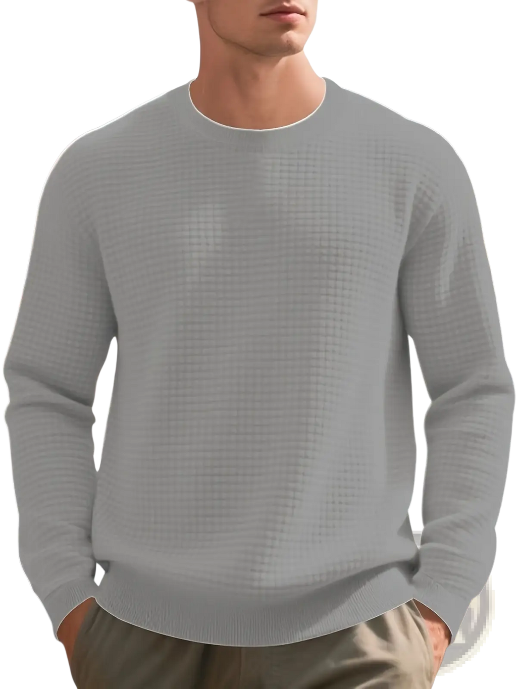 A light gray textured knit premium jacquard round neck sweater with ribbed cuffs for men and women