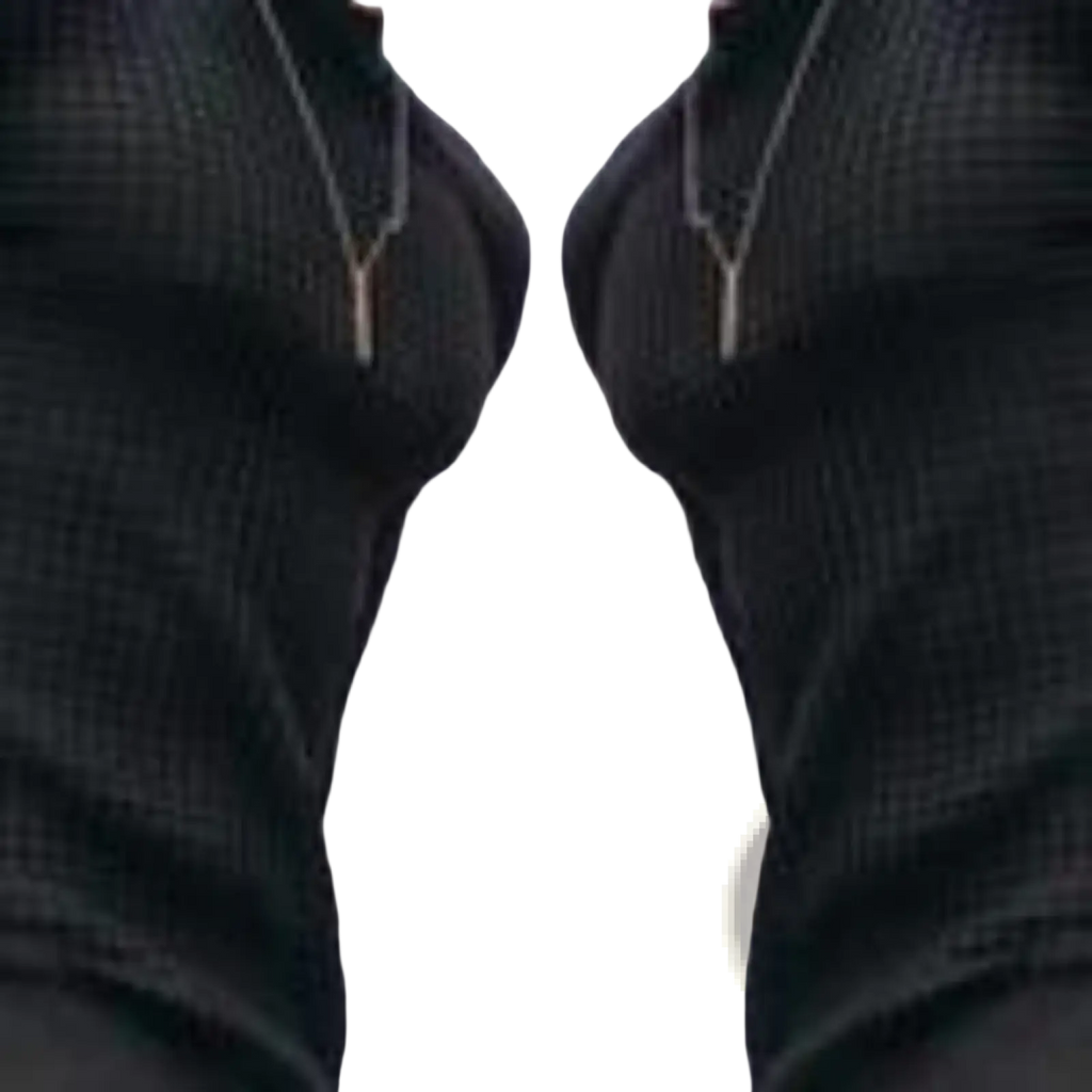 A sleek silver y-shaped pendant necklace worn with a black premium jacquard knit round neck sweater for men and women