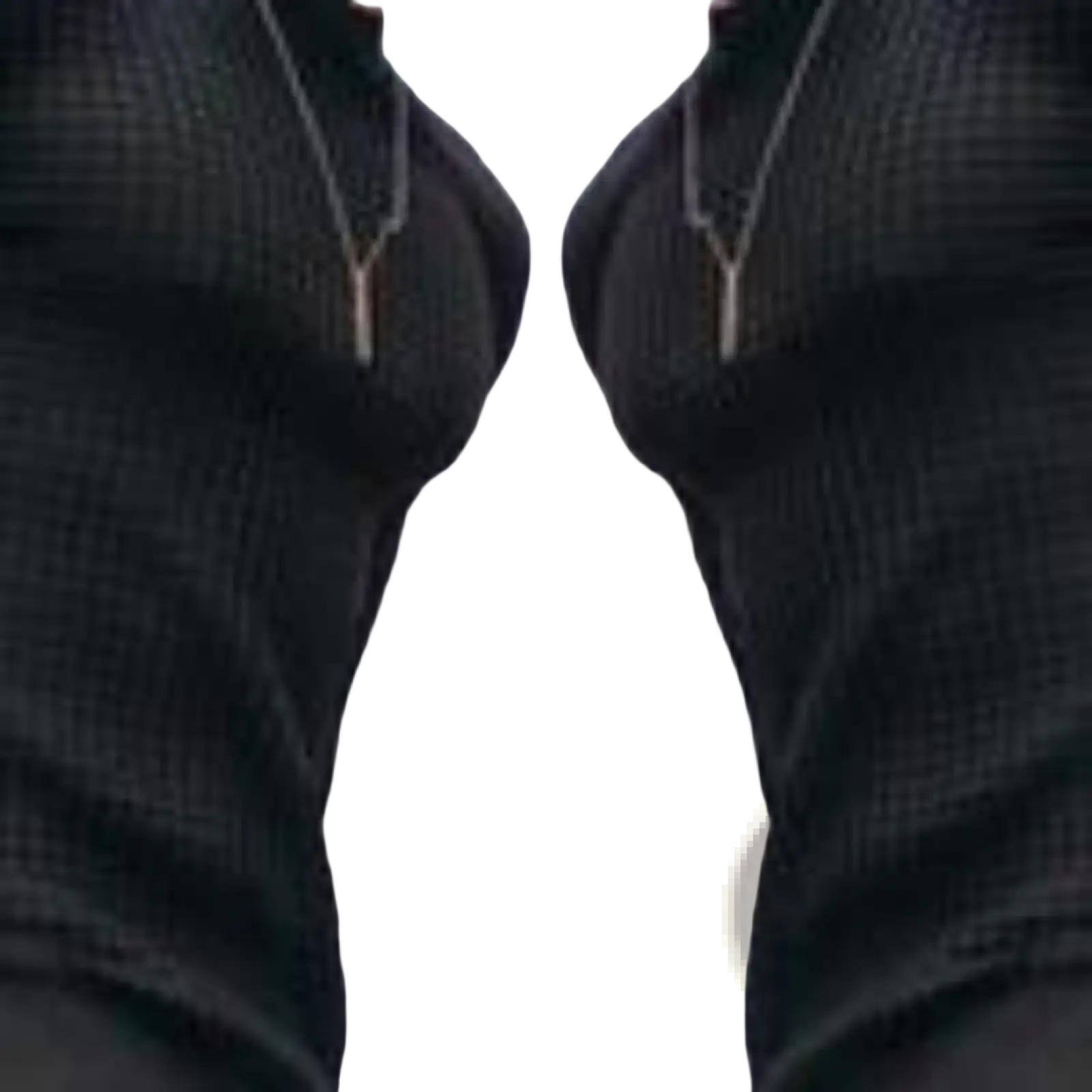 A sleek silver y-shaped pendant necklace worn with a black premium jacquard knit round neck sweater for men and women
