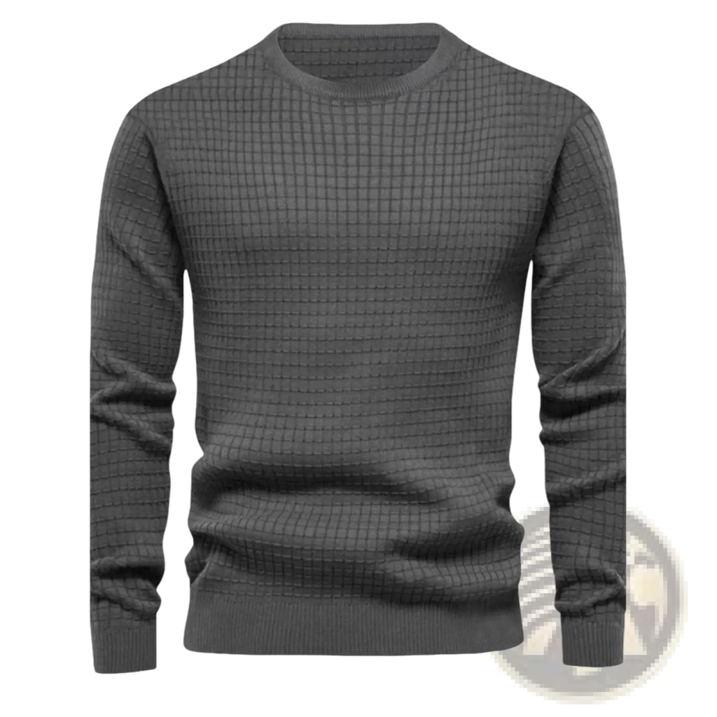 Premium jacquard knit round neck sweater for men and women in dark gray textured knit with ribbed cuffs