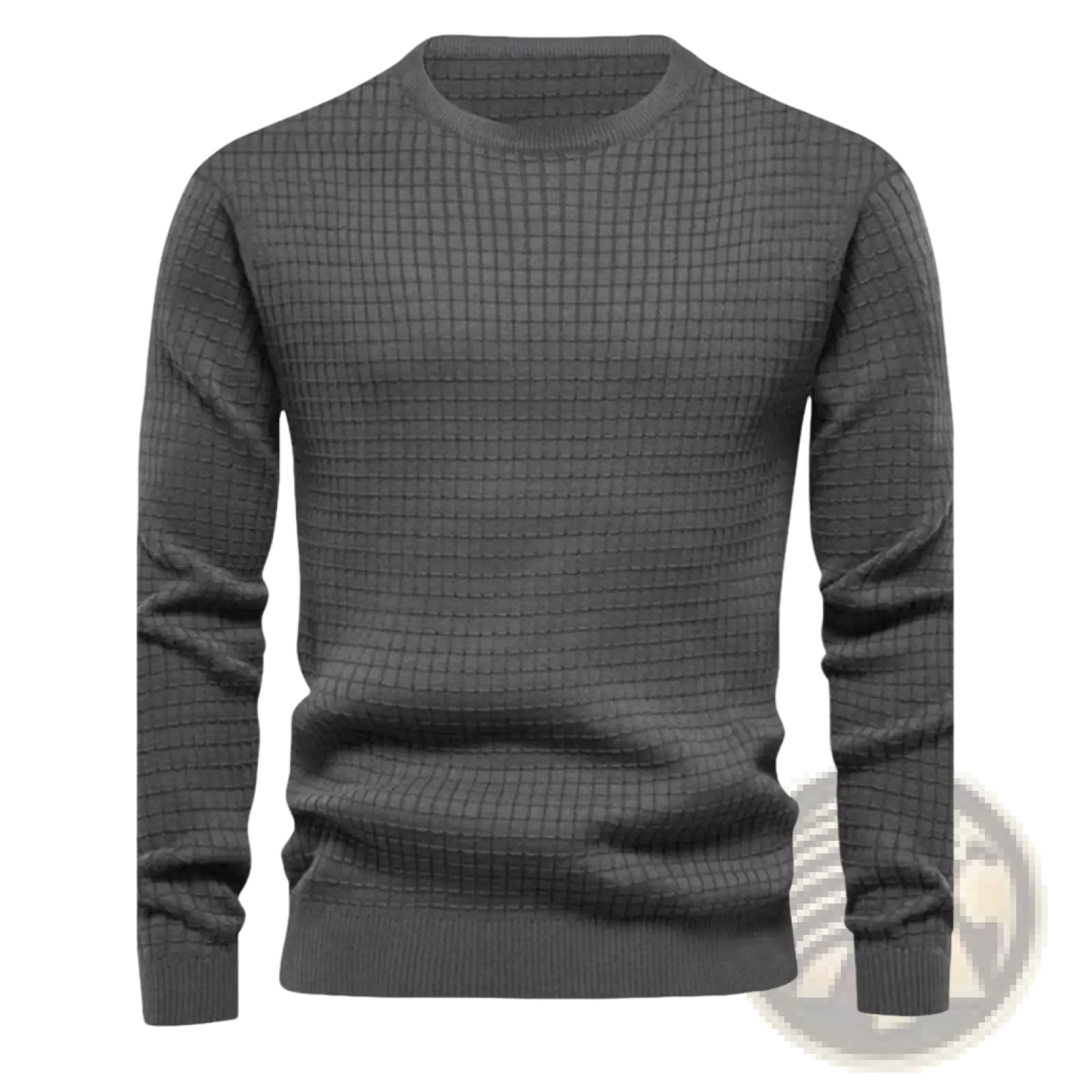 Premium jacquard knit round neck sweater for men and women in dark gray textured knit with ribbed cuffs