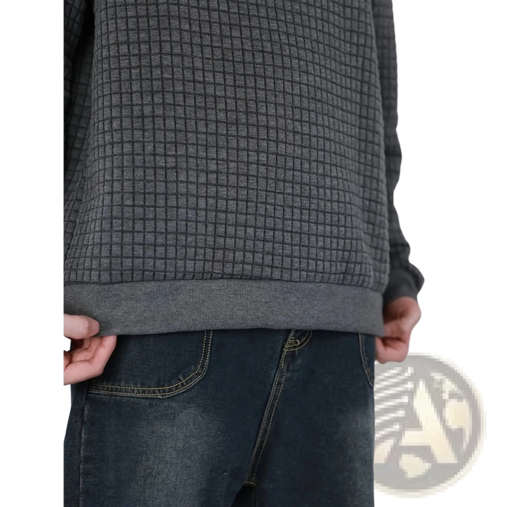 Dark gray premium jacquard knit round neck sweater with waffle knit texture and ribbed hem for men and women