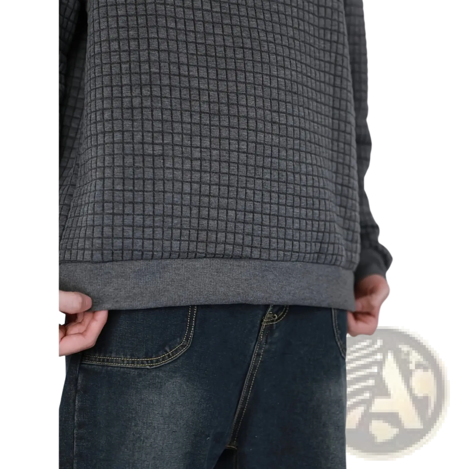 Dark gray premium jacquard knit round neck sweater with waffle knit texture and ribbed hem for men and women