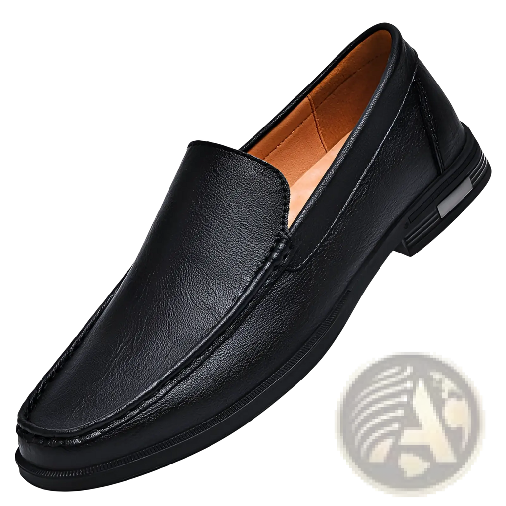 Premium leather slip-on loafers in black with tan interior lining and subtle stitching details