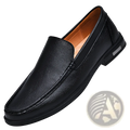 Premium leather slip-on loafers in black with tan interior lining and subtle stitching details