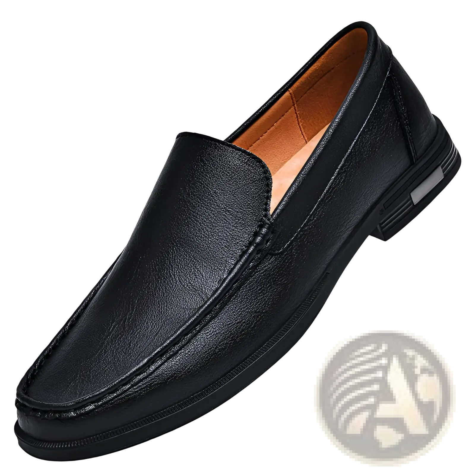 Premium leather slip-on loafers in black with tan interior lining and subtle stitching details