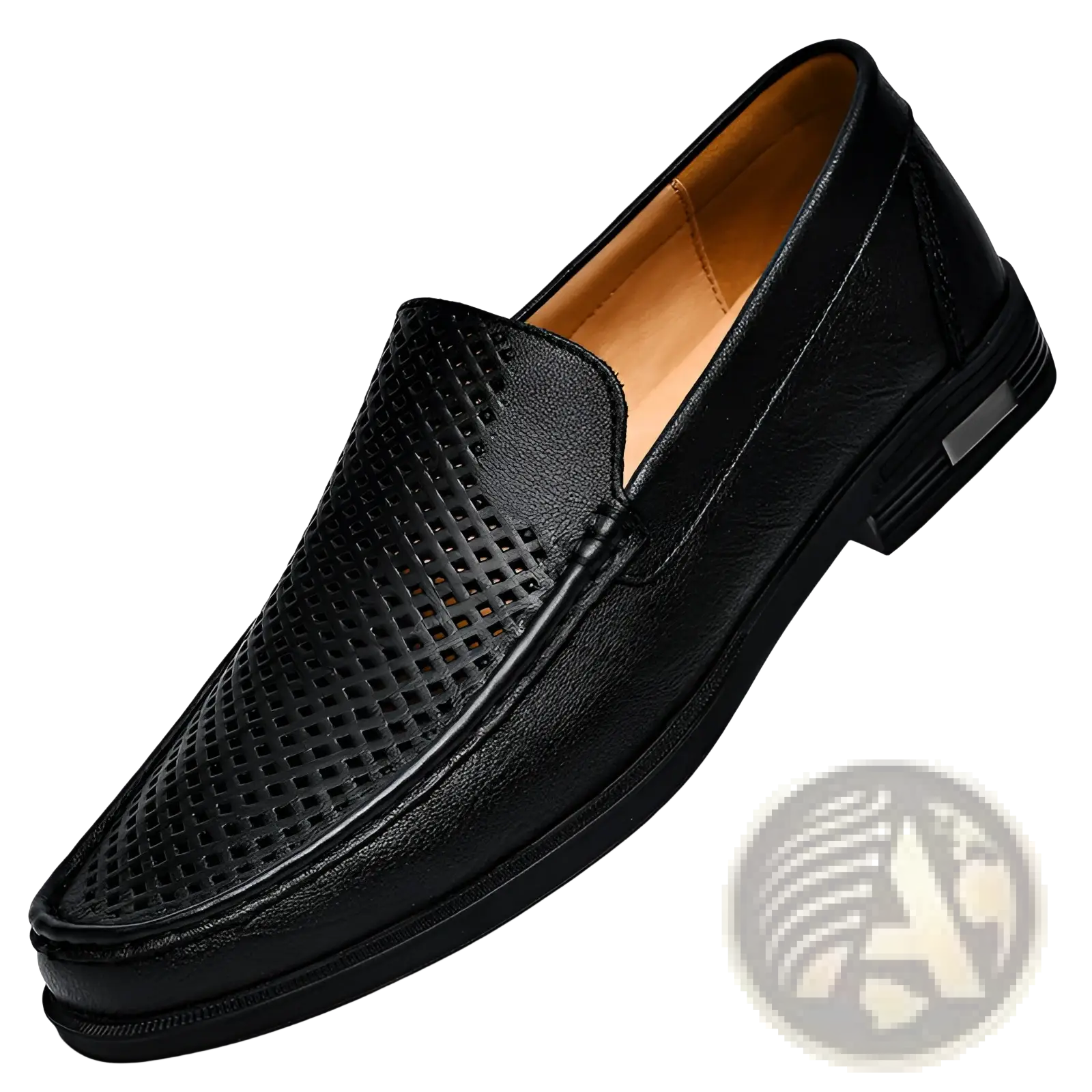 Black leather slip on loafer with perforated pattern on toe and side in premium leather with designer details