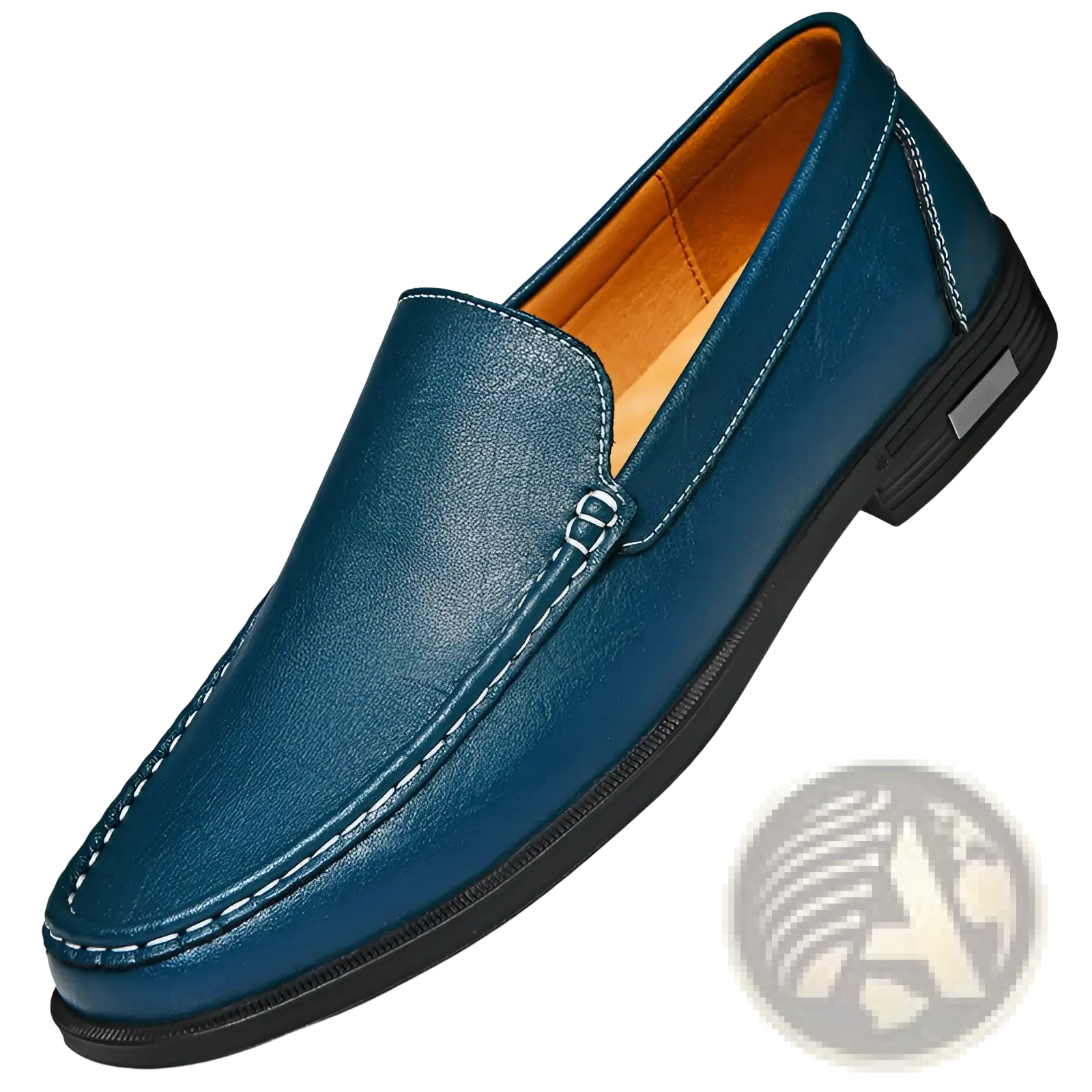 Deep blue premium leather slip on loafer with white stitching and black rubber sole featuring designer details