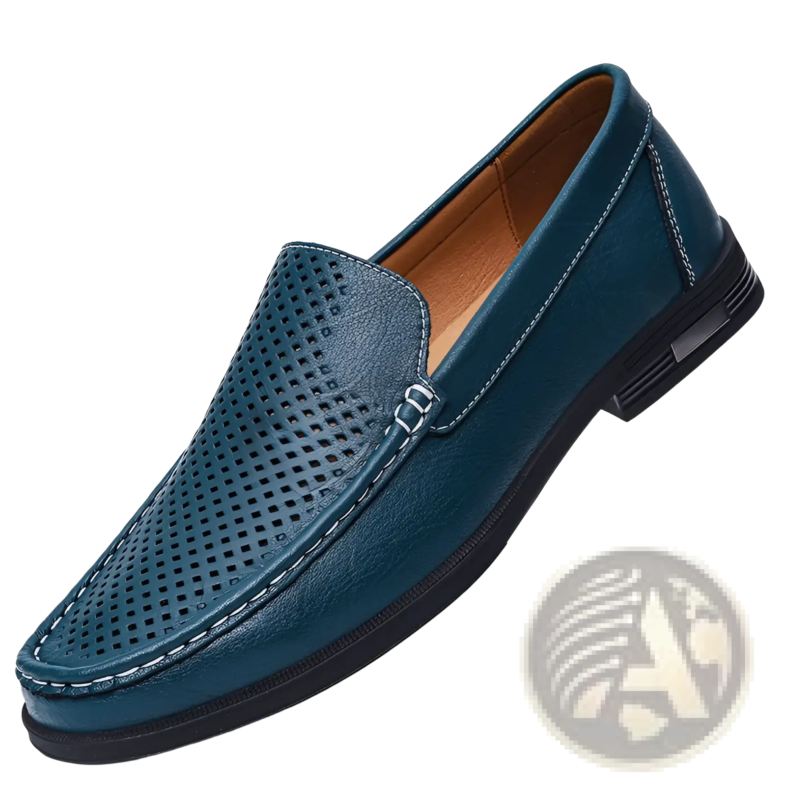 Premium leather teal perforated slip on loafers with white stitching and black rubber sole featuring designer details