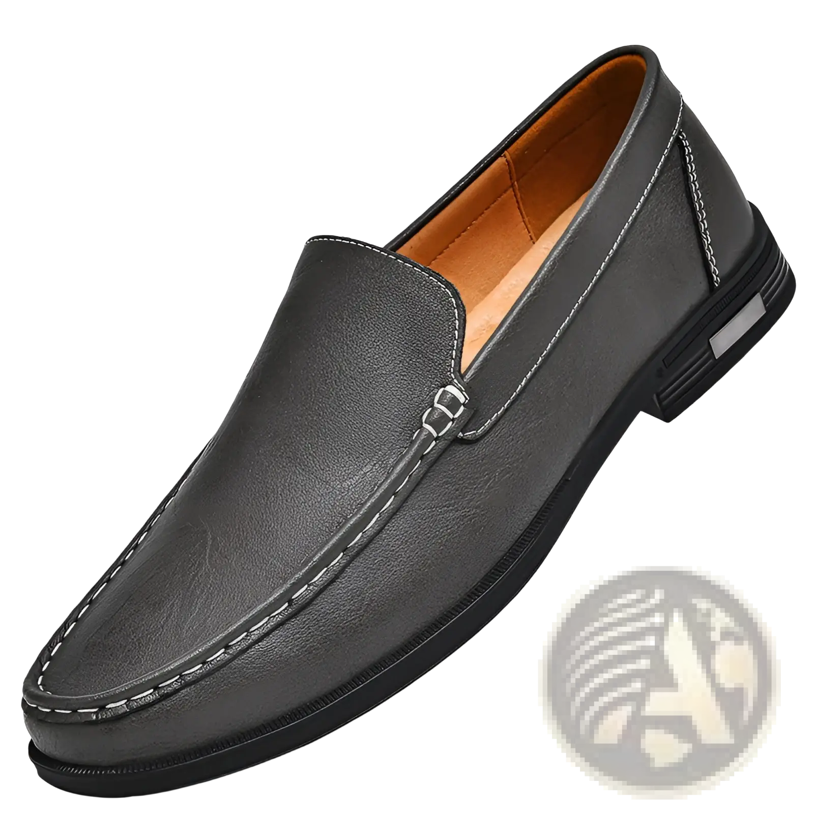 Black leather slip-on loafer with white stitching and silver-toned metal buckle premium designer details