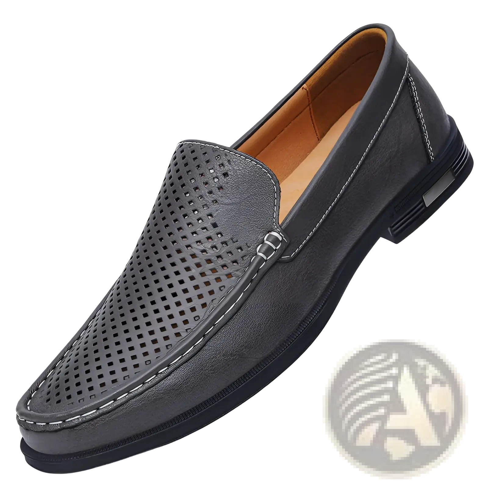 Premium leather slip on loafers in dark gray perforated leather with white stitching and black rubber sole