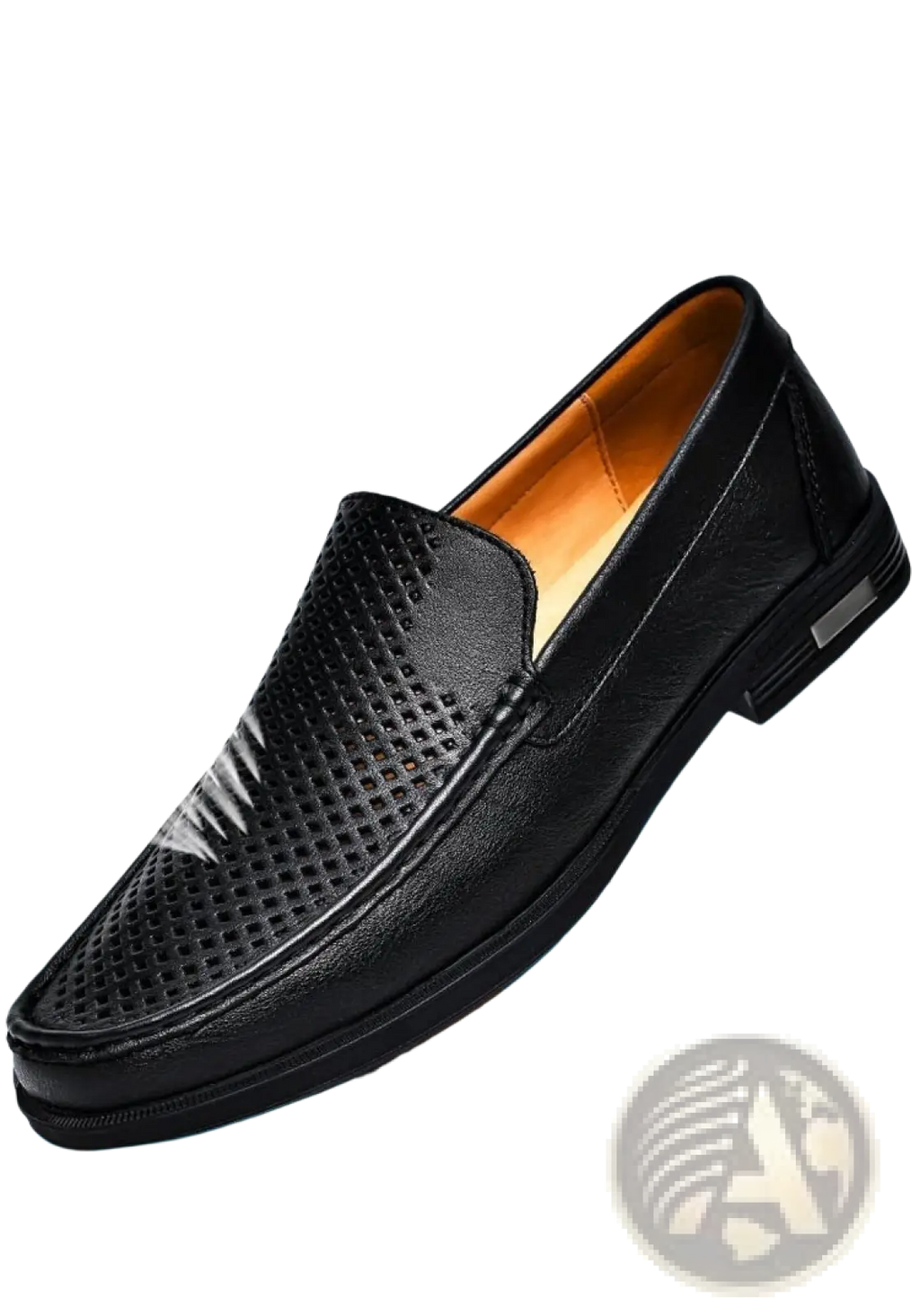 Black leather slip on loafer with perforated detailing and tan interior lining from premium leather collection