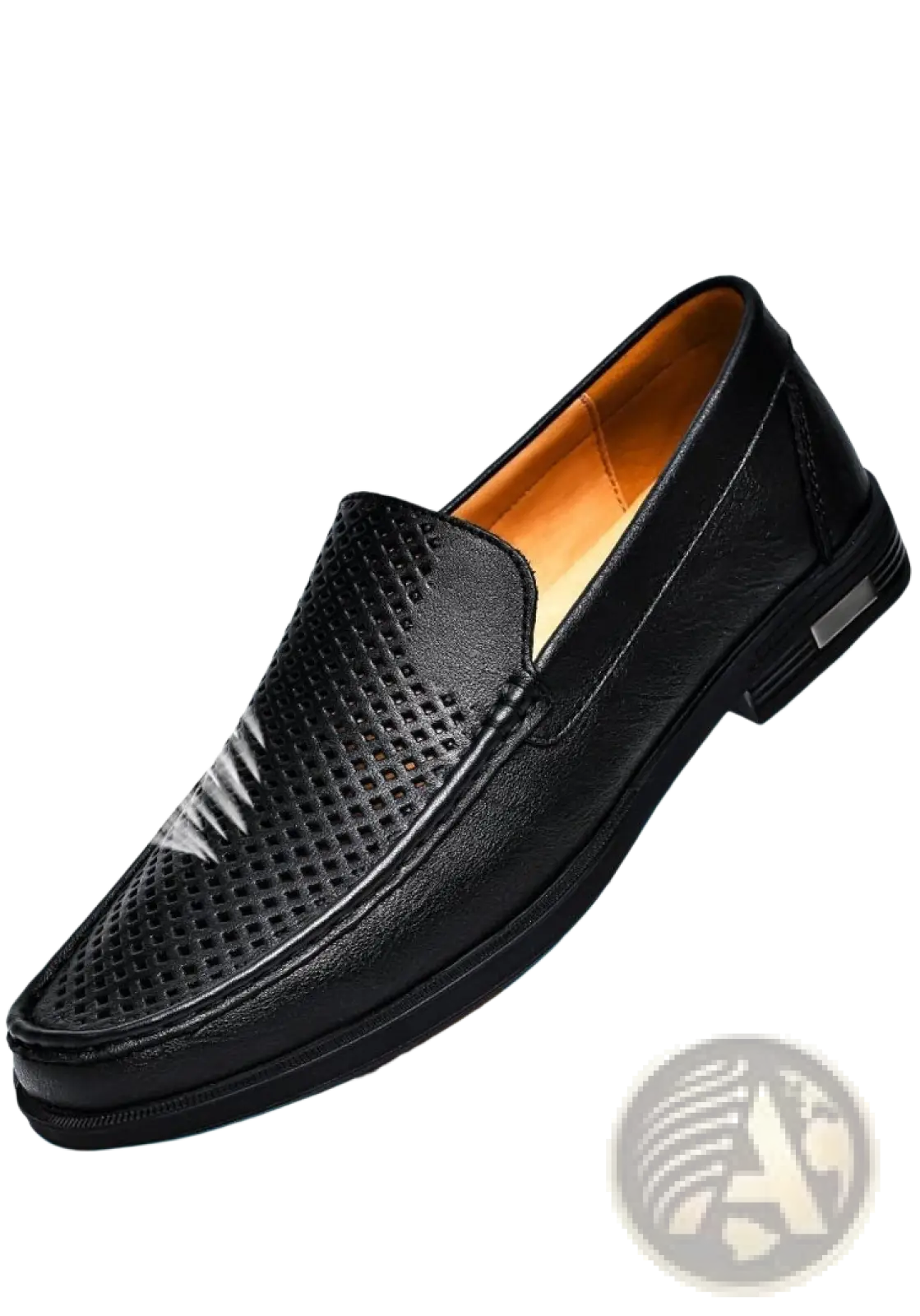 Black leather slip on loafer with perforated detailing and tan interior lining from premium leather collection