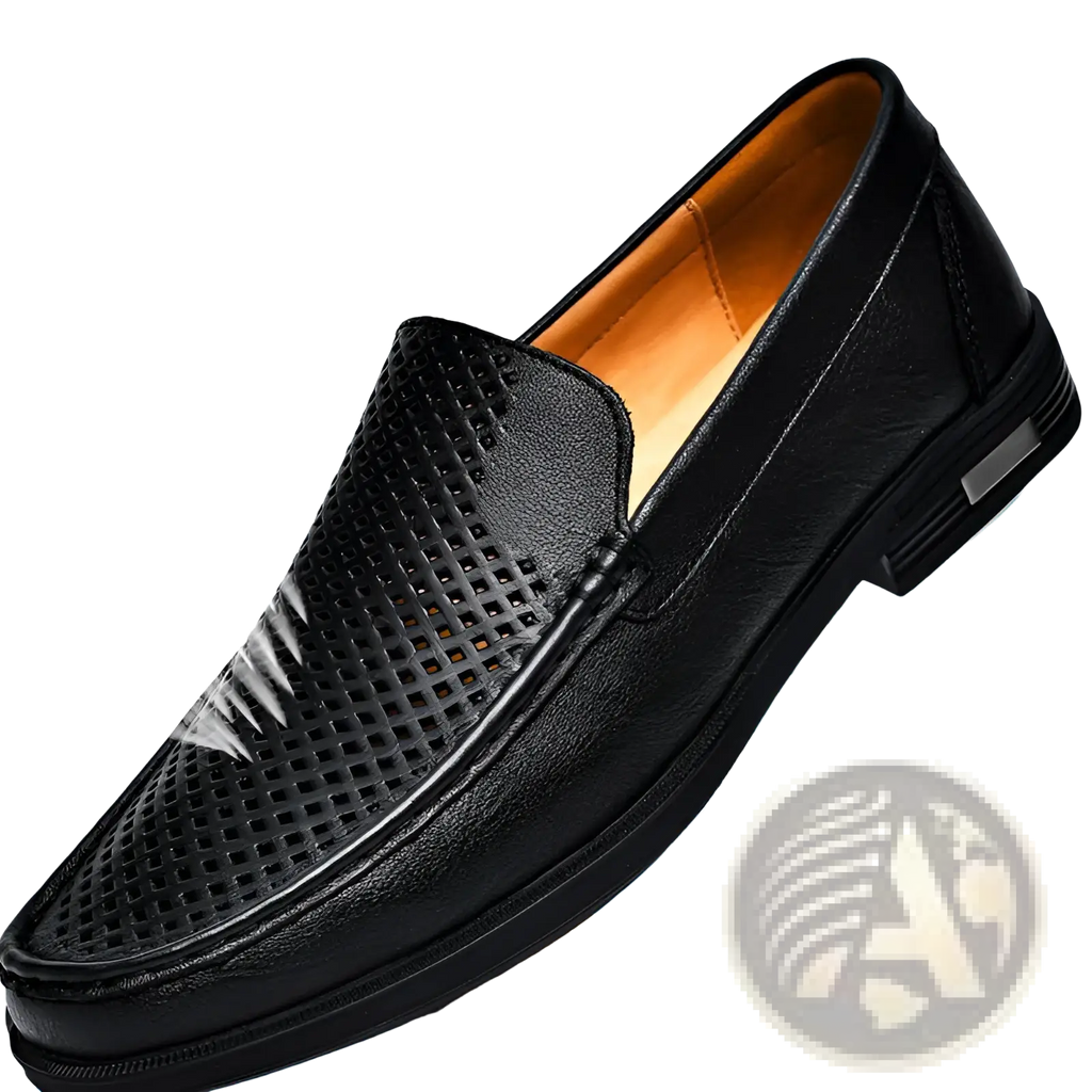 Black leather premium slip on loafers with perforated toe design and orange interior lining for stylish wear