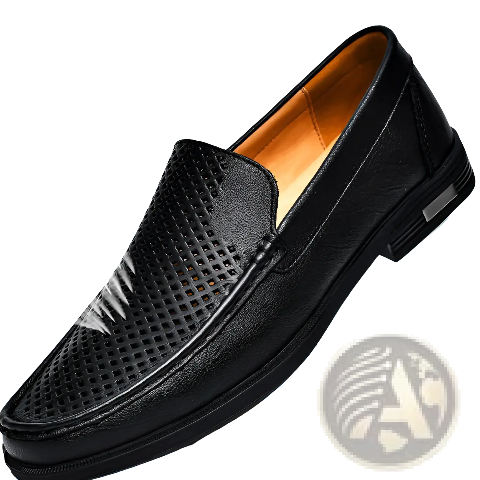 Black leather premium slip on loafers with perforated toe design and orange interior lining for stylish wear
