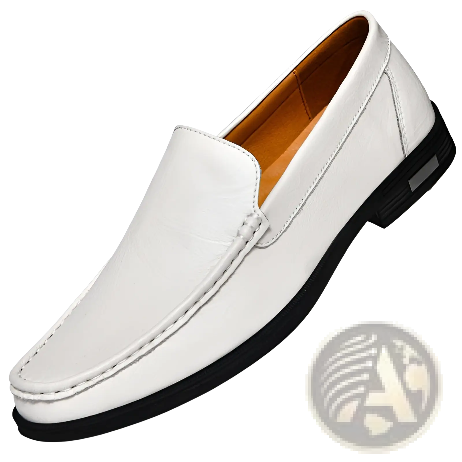 Premium leather slip on white loafer with black rubber sole and tan interior lining featuring designer details