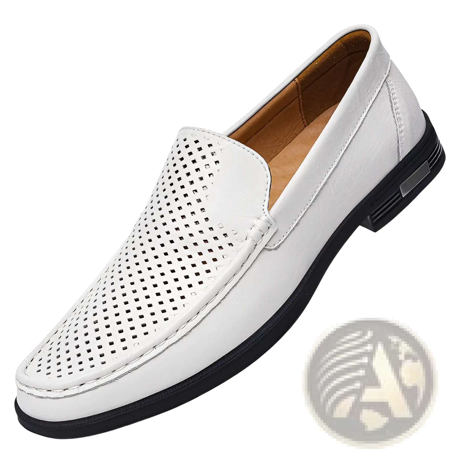 White perforated leather slip-on loafer with black rubber sole from the premium leather slip-on loafers collection