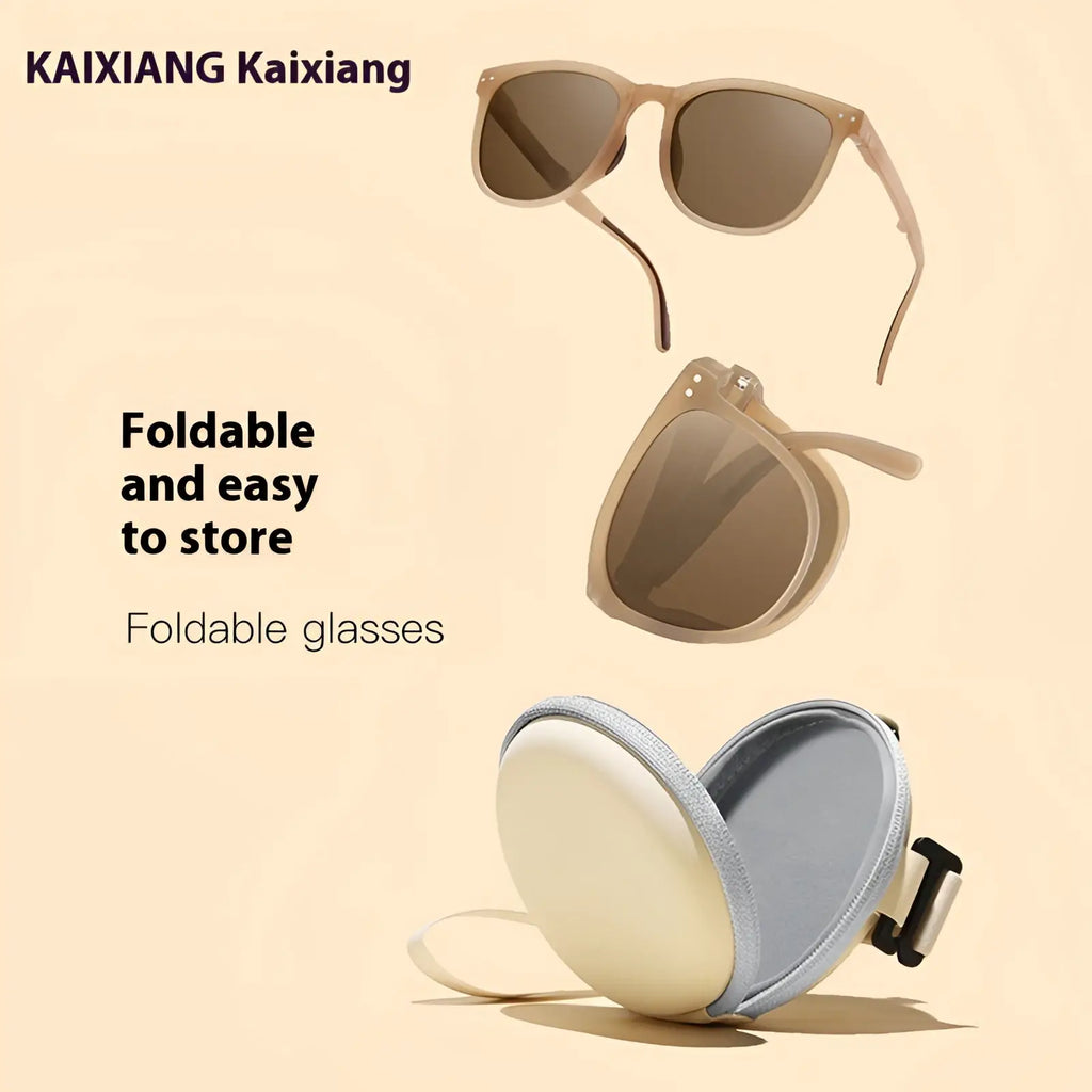 Premium polarized foldable sunglasses for women with beige frames and brown gradient lenses next to compact carrying case