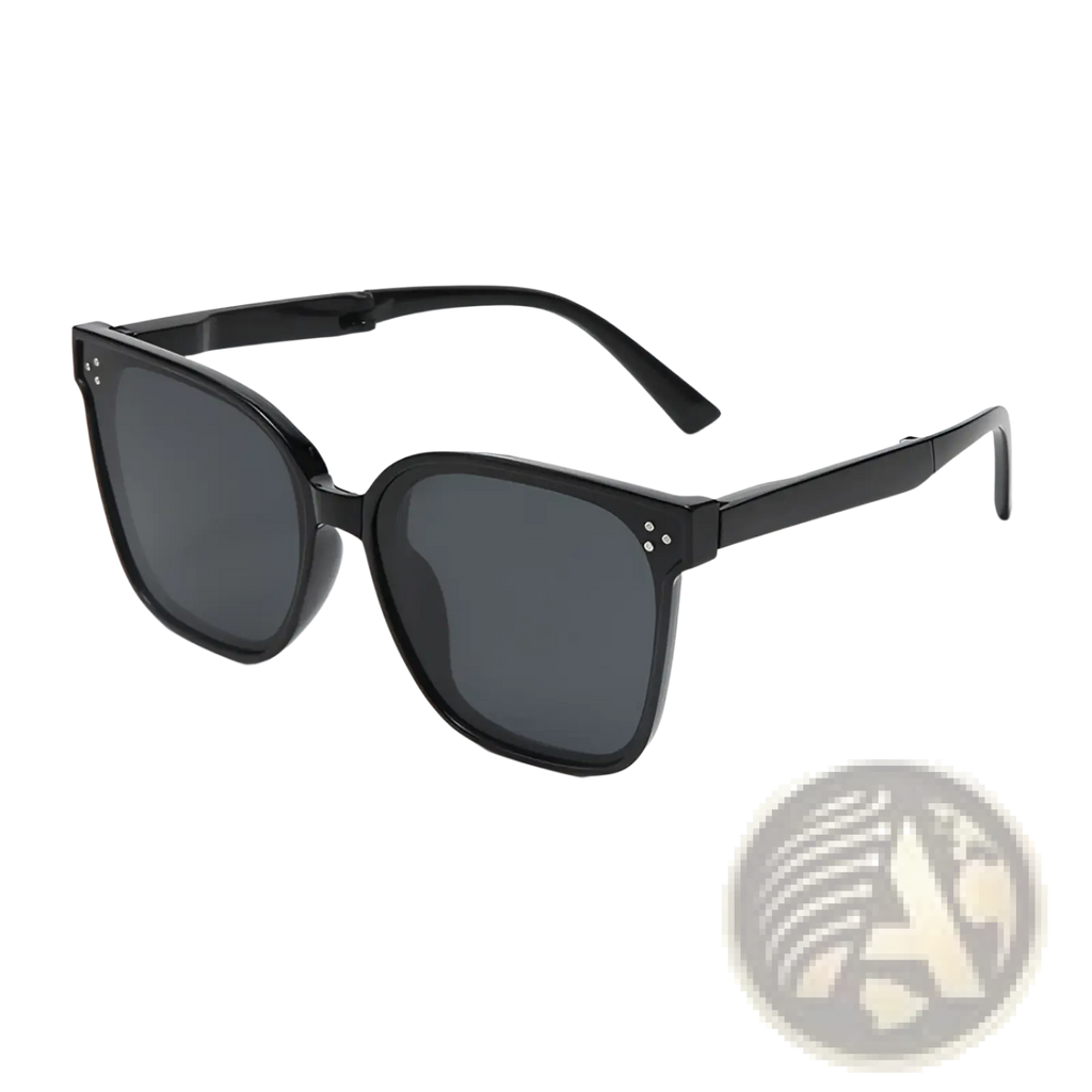 Premium polarized folding sunglasses for women with black square frames dark gray lenses and decorative temple studs