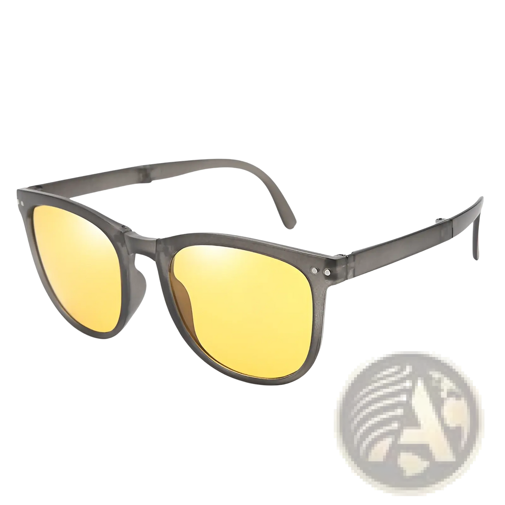 Gray-framed premium polarized folding sunglasses for women with vibrant yellow lenses for outdoor use