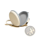 Cream-colored circular air cushion bag with soft gray interior and zipper trim for premium polarized folding sunglasses women