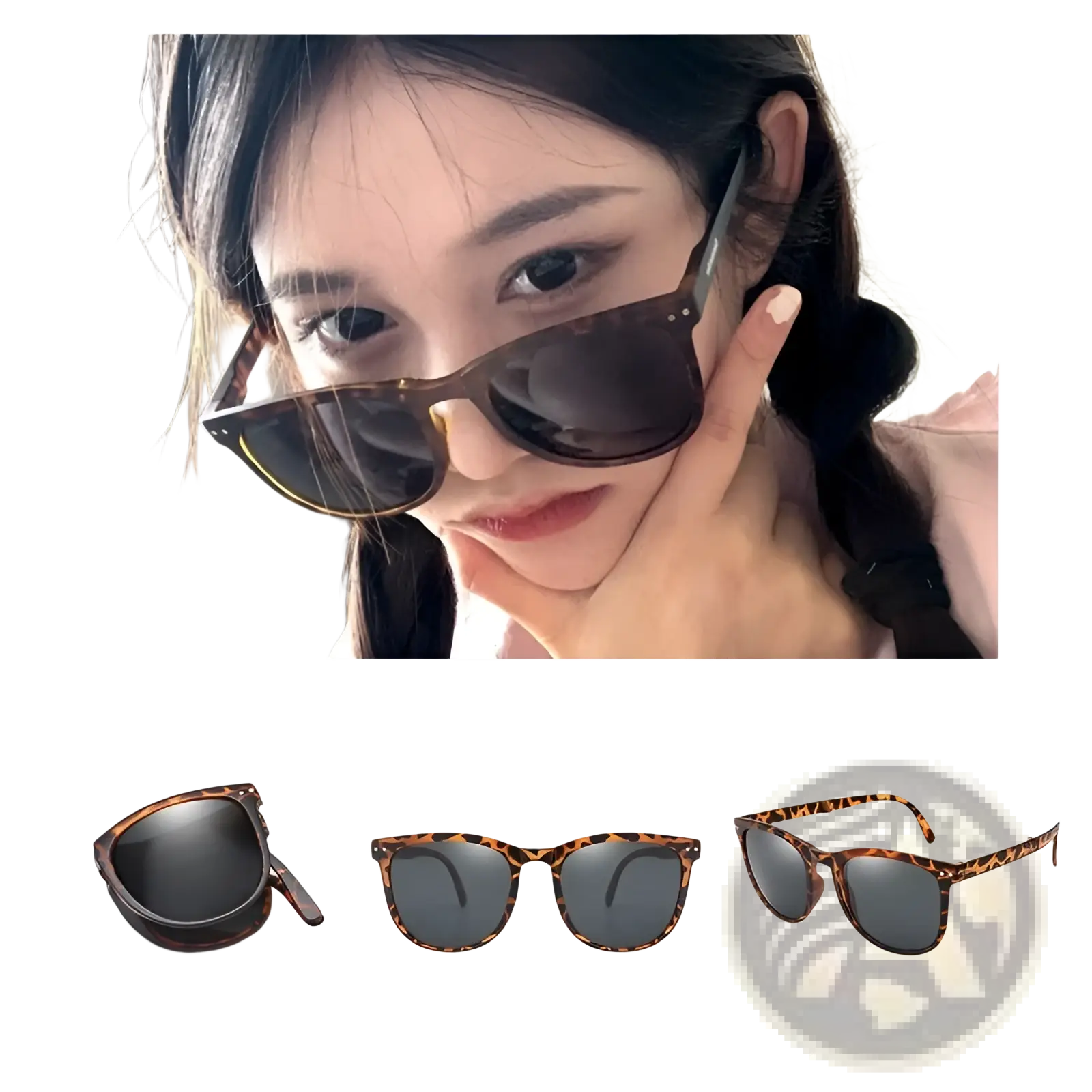 Premium polarized folding sunglasses for women with tortoiseshell frames and dark gray lenses in a classic design