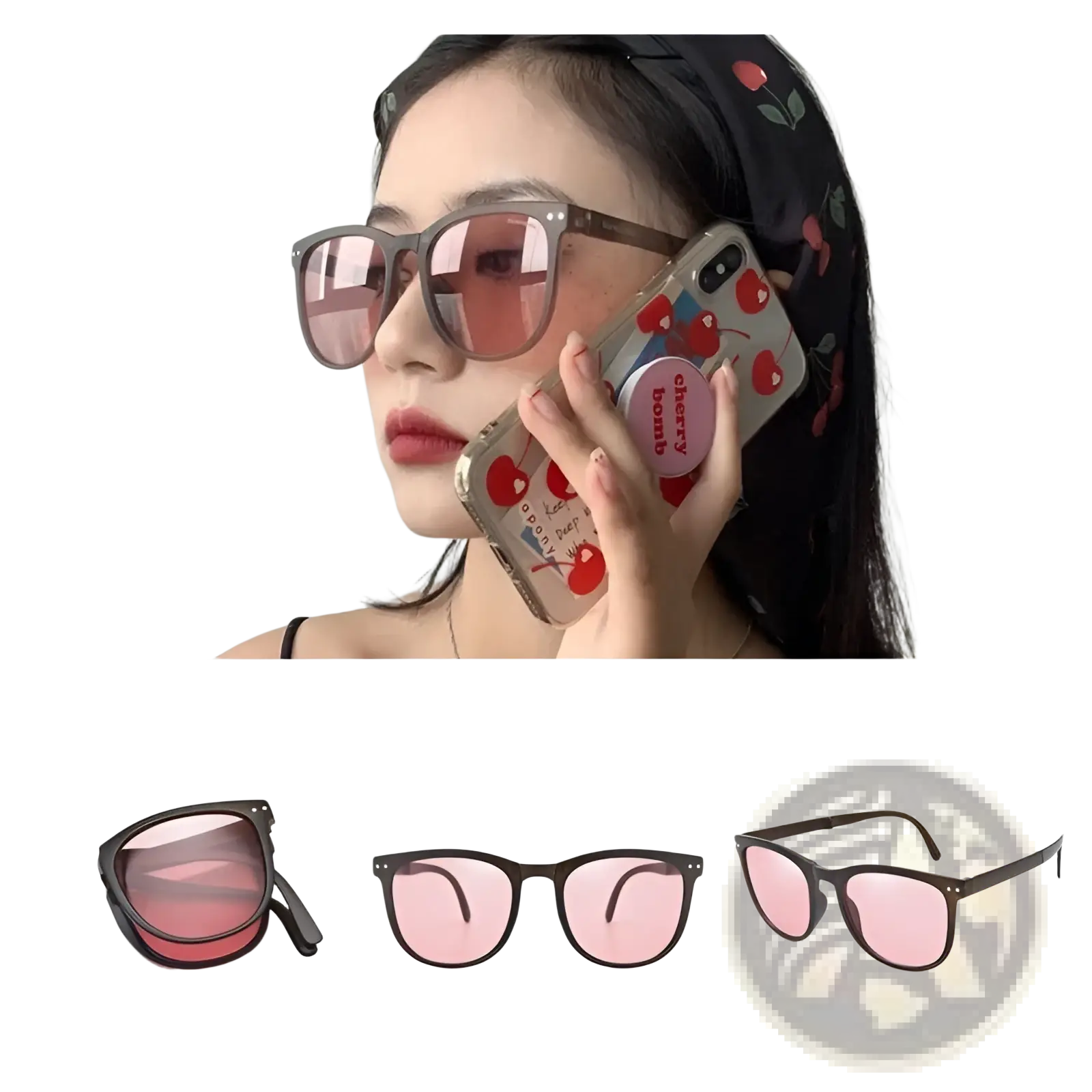 Premium polarized folding sunglasses for women with pink coffee gradient lenses and a sleek black frame