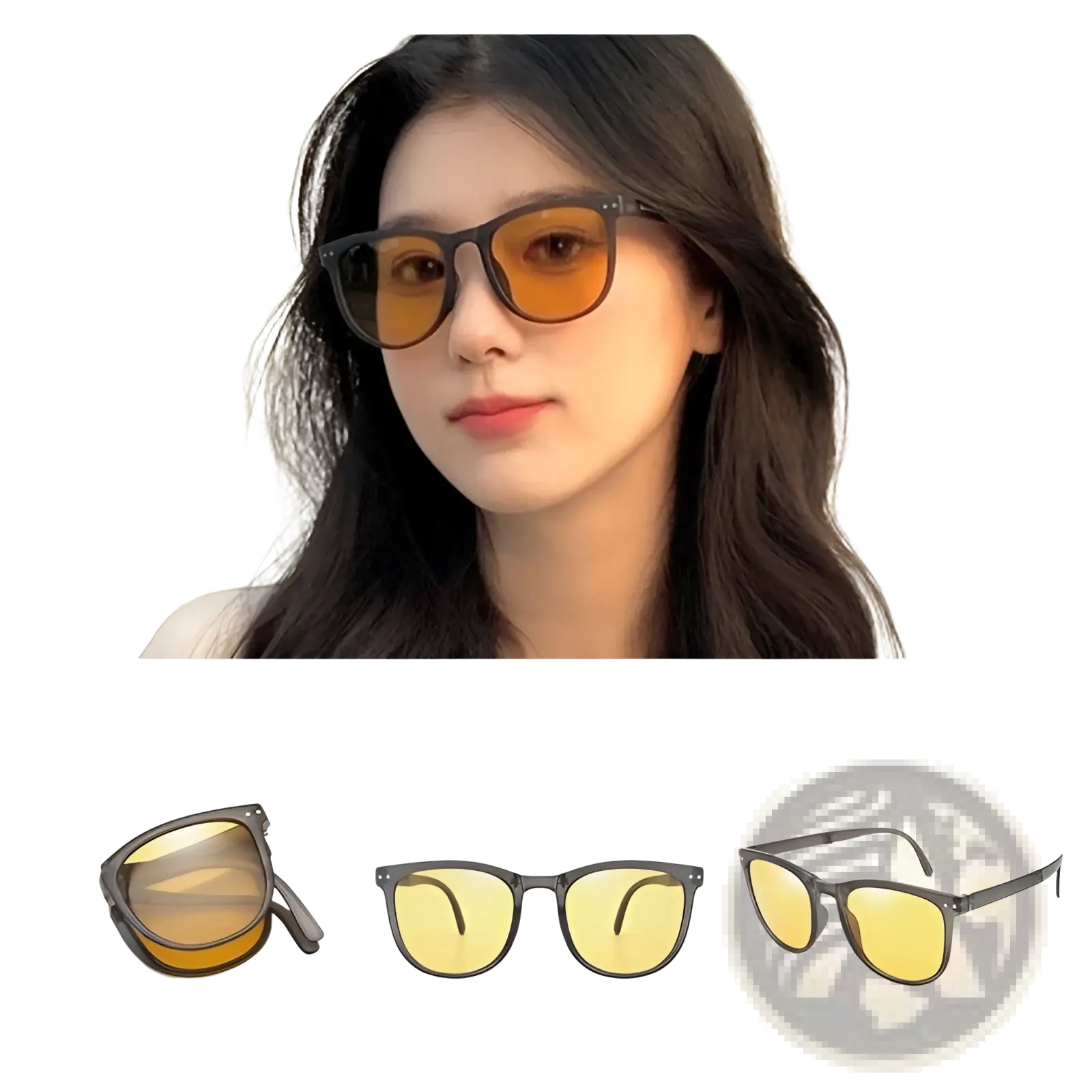 Premium polarized folding sunglasses for women with amber coffee colored gradient lenses and sleek black frame