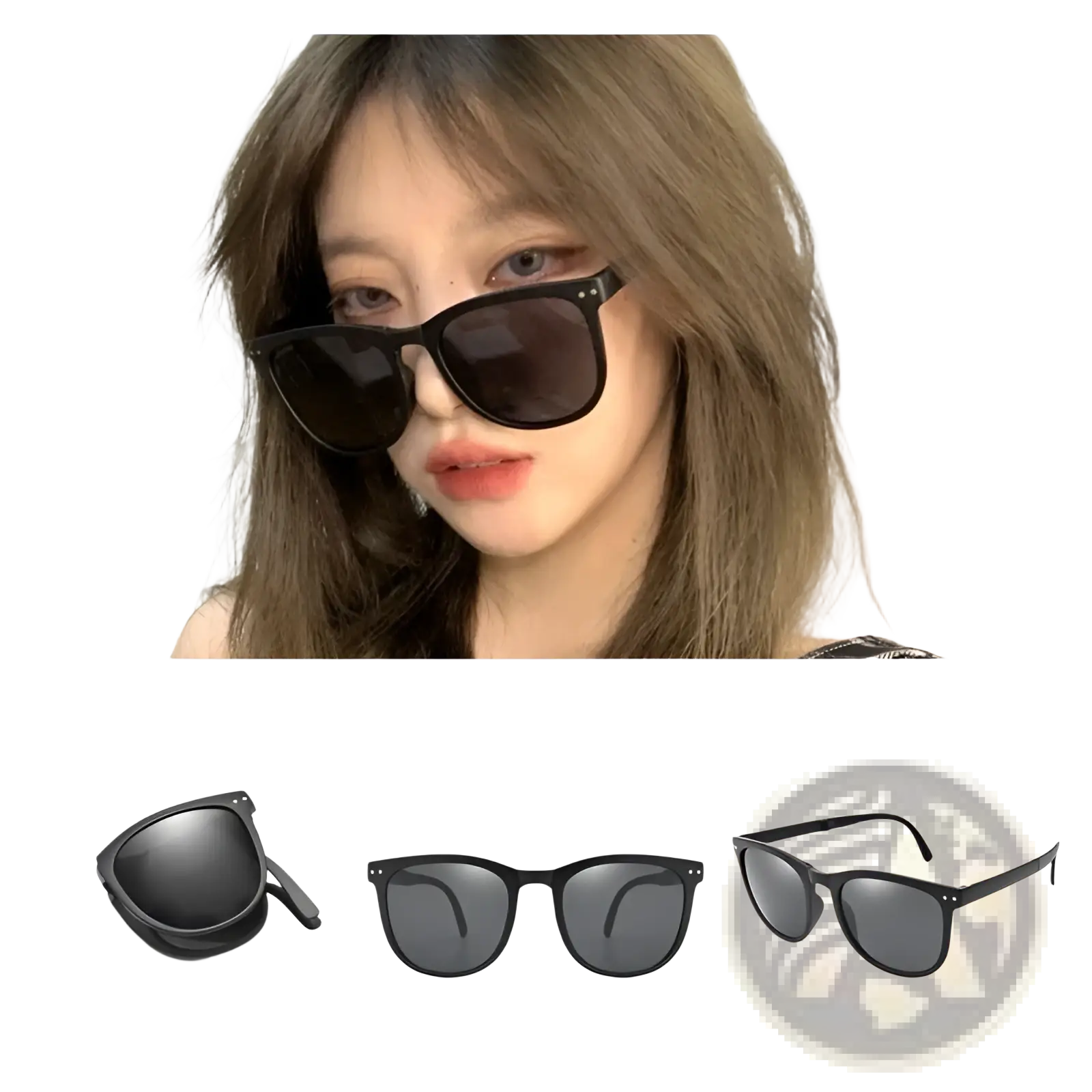 Premium polarized folding sunglasses for women with inky black rectangular frame and dark gray lenses