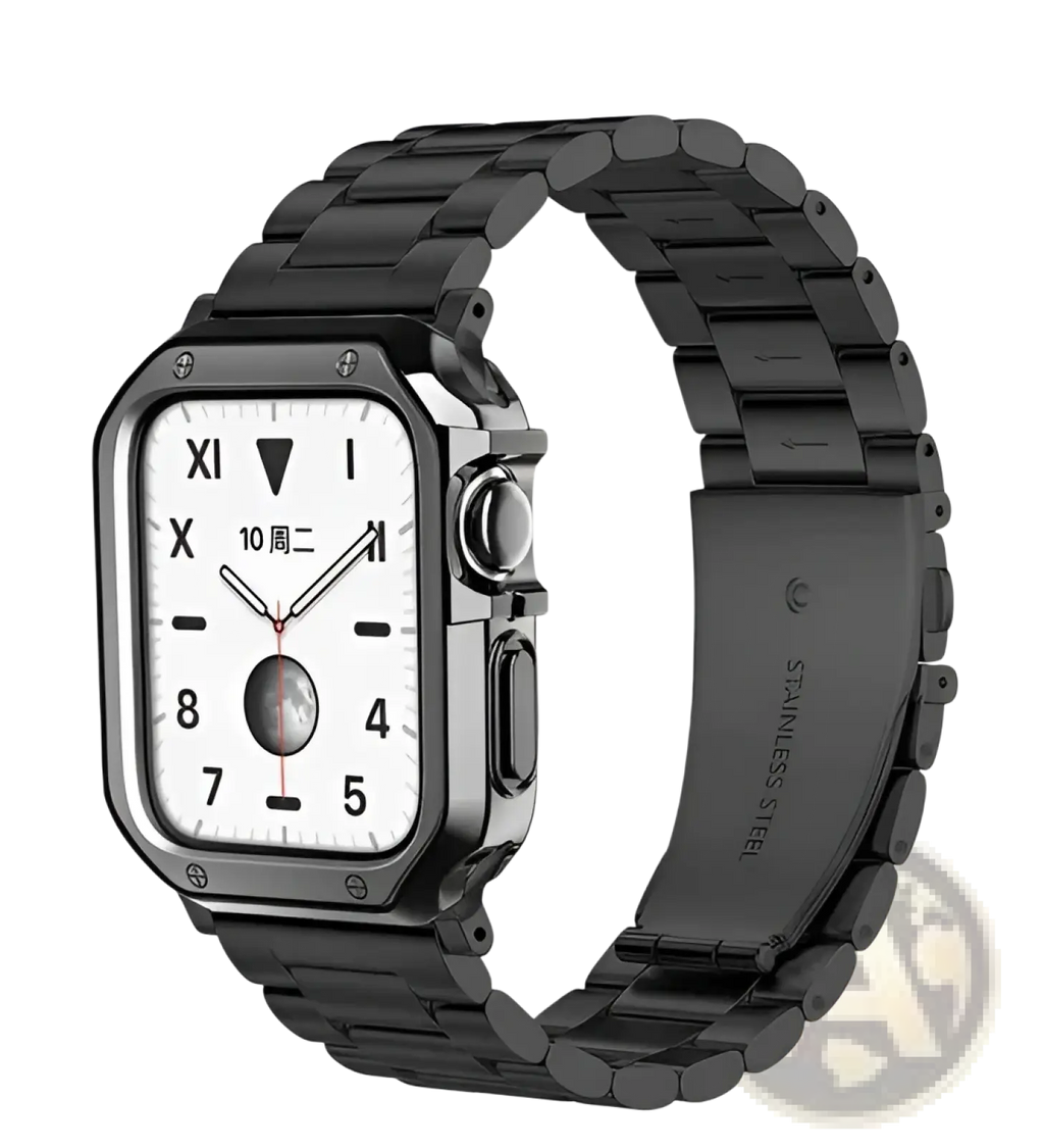 Premium stainless steel Apple watch band in black with sleek modern design and polished links with TPU case