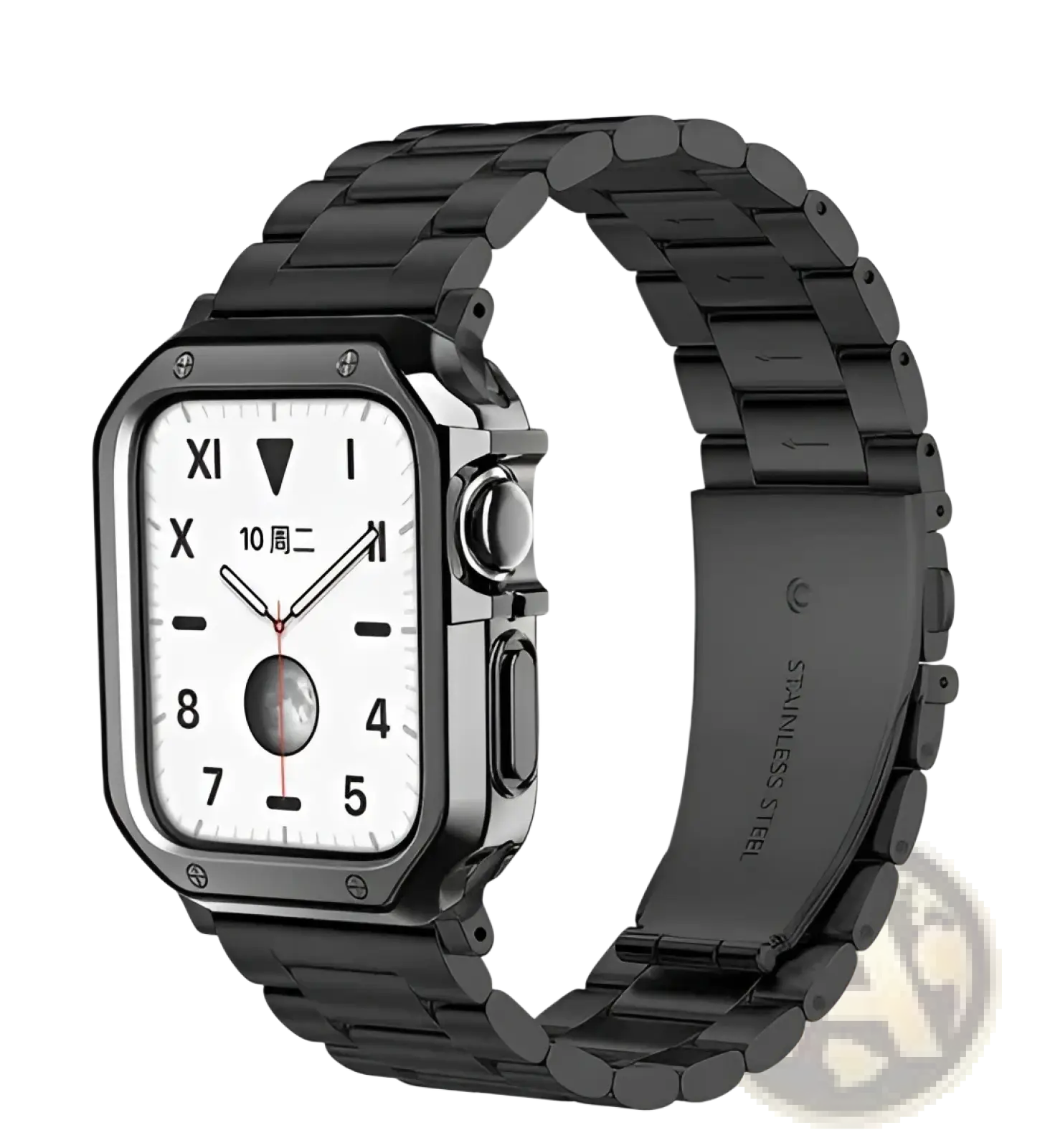 Premium stainless steel Apple watch band in black with sleek modern design and polished links with TPU case