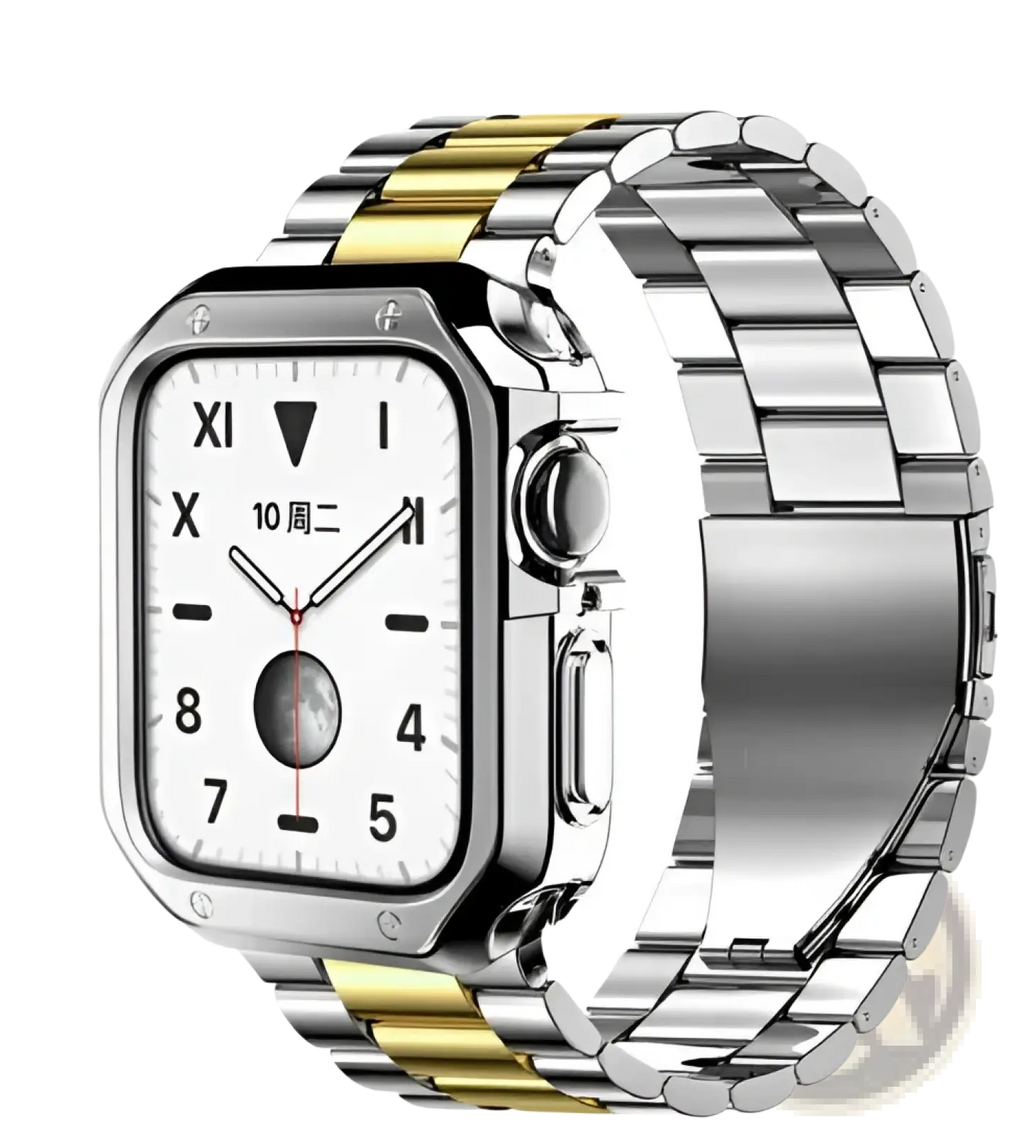 Premium stainless steel apple watch band with silver and gold-tone rectangular case and roman numerals on white dial