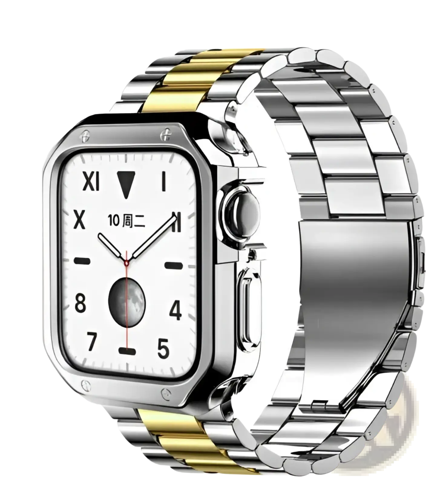 Premium stainless steel apple watch band with silver and gold-tone rectangular case and roman numerals on white dial