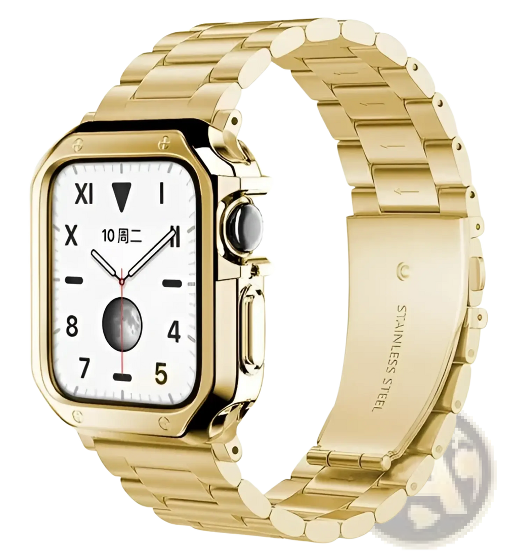 Premium stainless steel apple watch band with gold-tone roman numerals and moon phase white dial tpu case