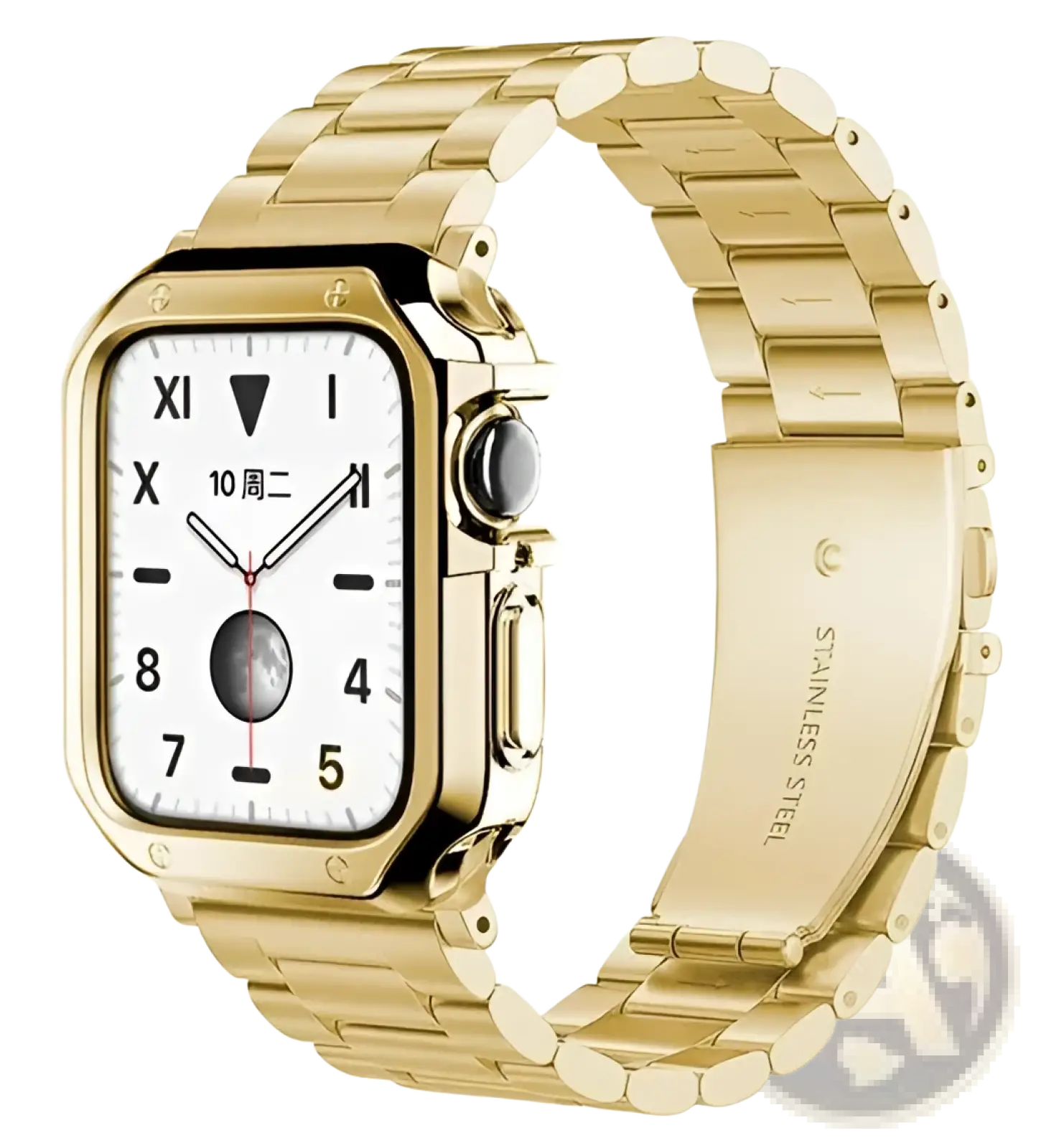 Premium stainless steel apple watch band with gold-tone roman numerals and moon phase white dial tpu case