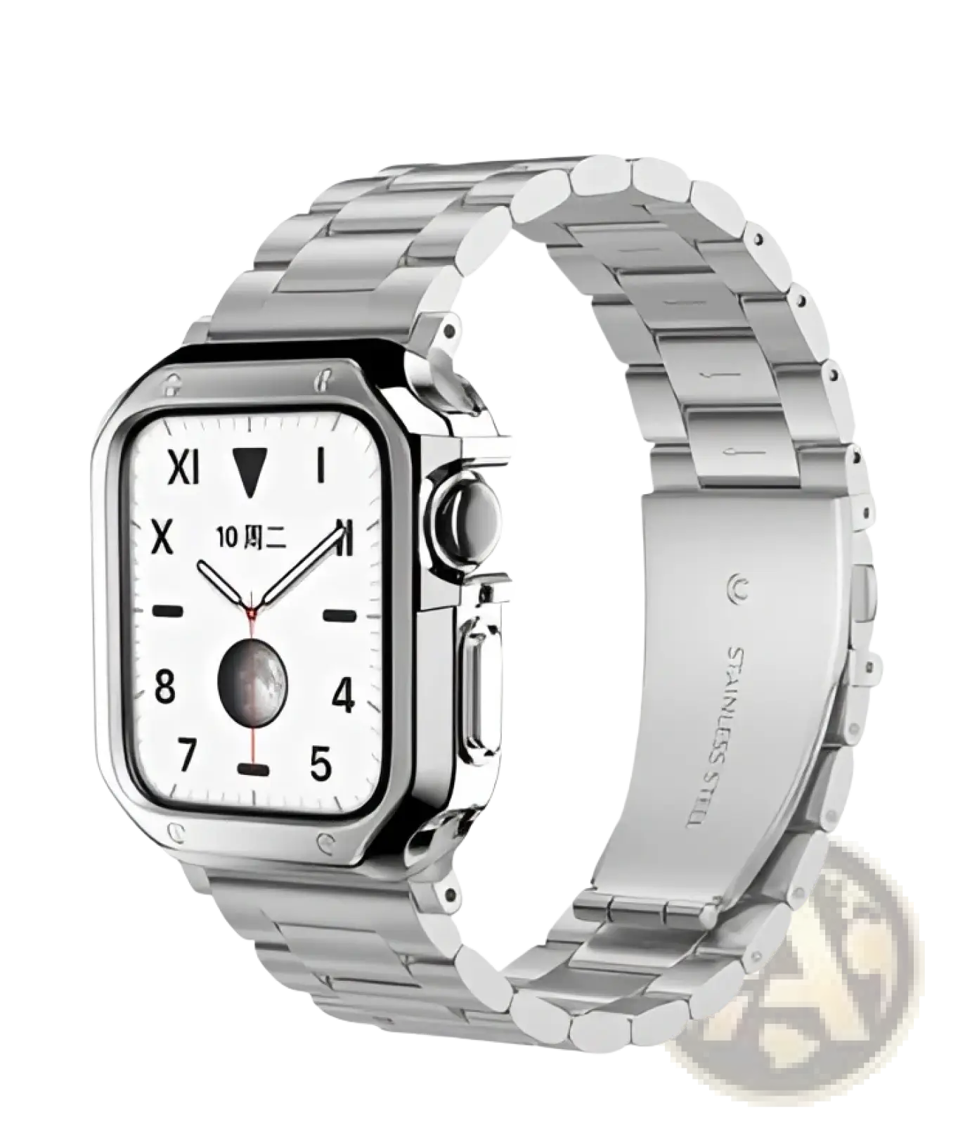 Premium stainless steel apple watch band with tpu case on a silver apple watch with white dial and roman numeral markers