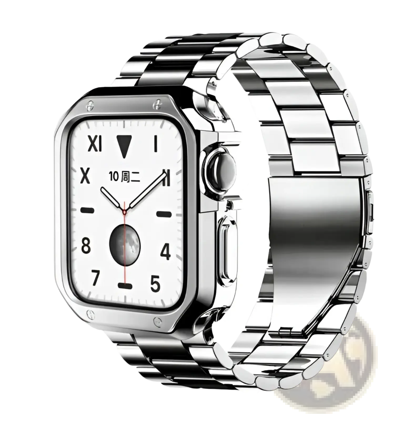 Premium stainless steel apple watch band with silver polished interlocking link design and tpu case