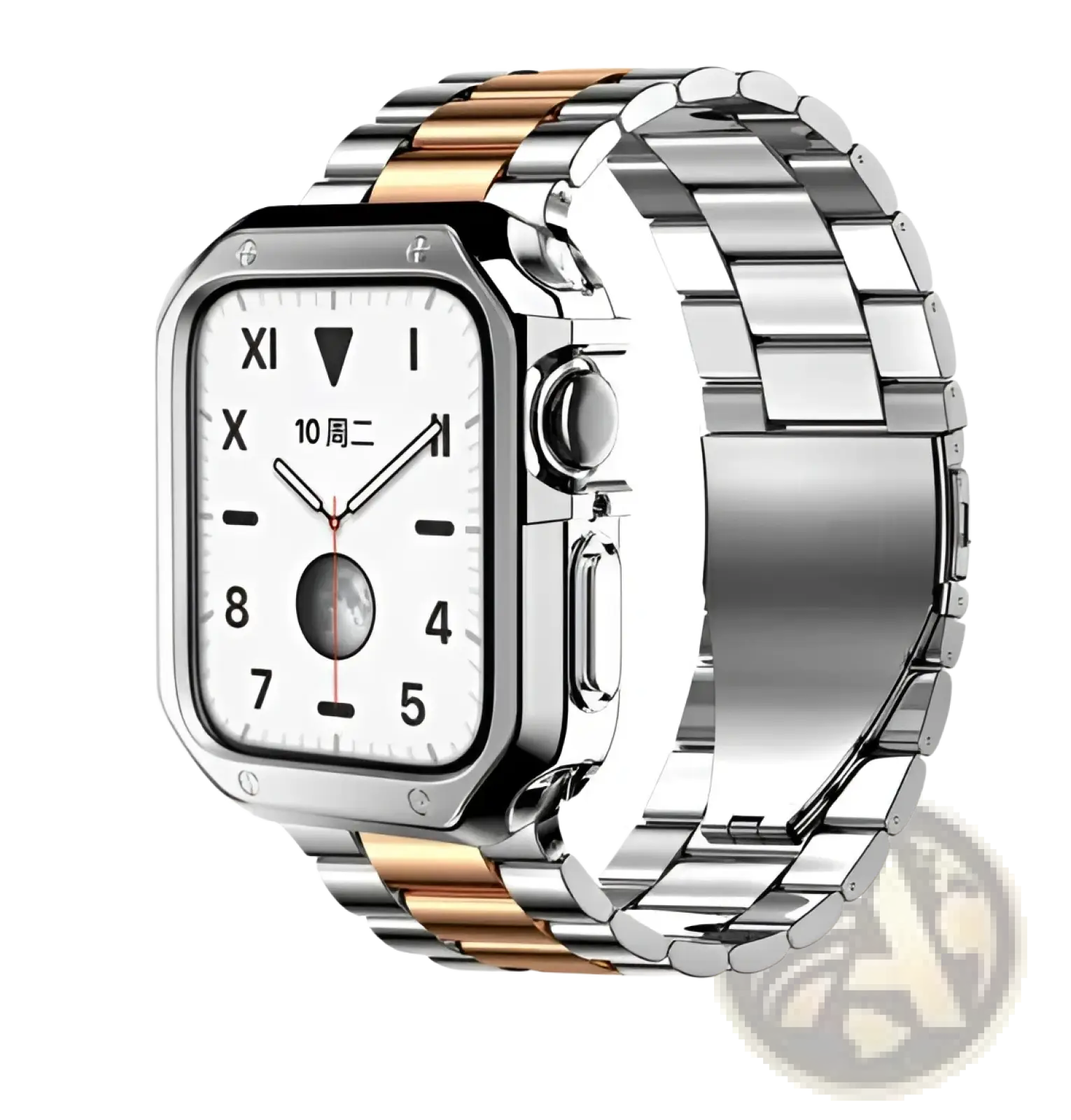 Premium stainless steel Apple watch band with TPU case featuring a two-tone design and gold accent bracelet links