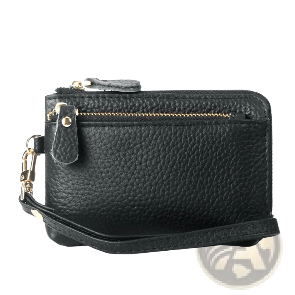 Premium textured leather wristlet wallet in black with gold hardware and zipper showcasing its textured surface