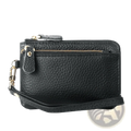Premium textured leather wristlet wallet in black with gold hardware and zipper showcasing its textured surface