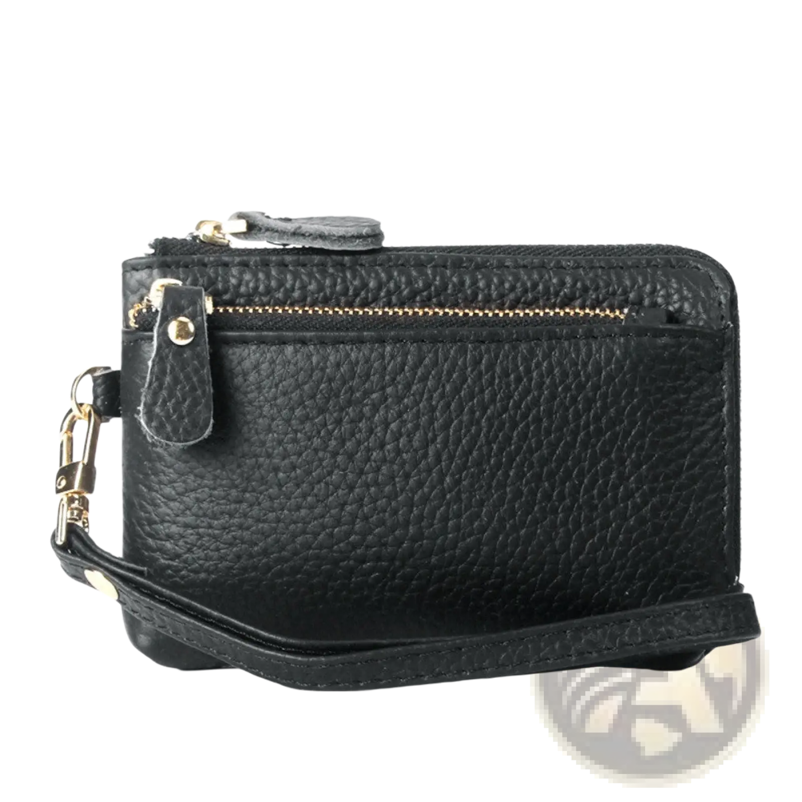 Premium textured leather wristlet wallet in black with gold hardware and zipper showcasing its textured surface