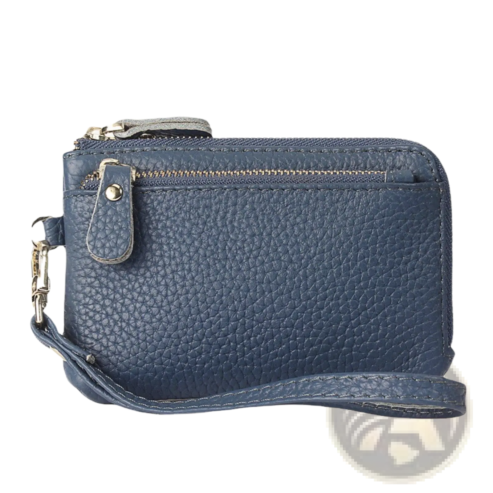 Navy blue premium textured leather wristlet wallet with gold hardware zipper and metal clasp for secure carrying