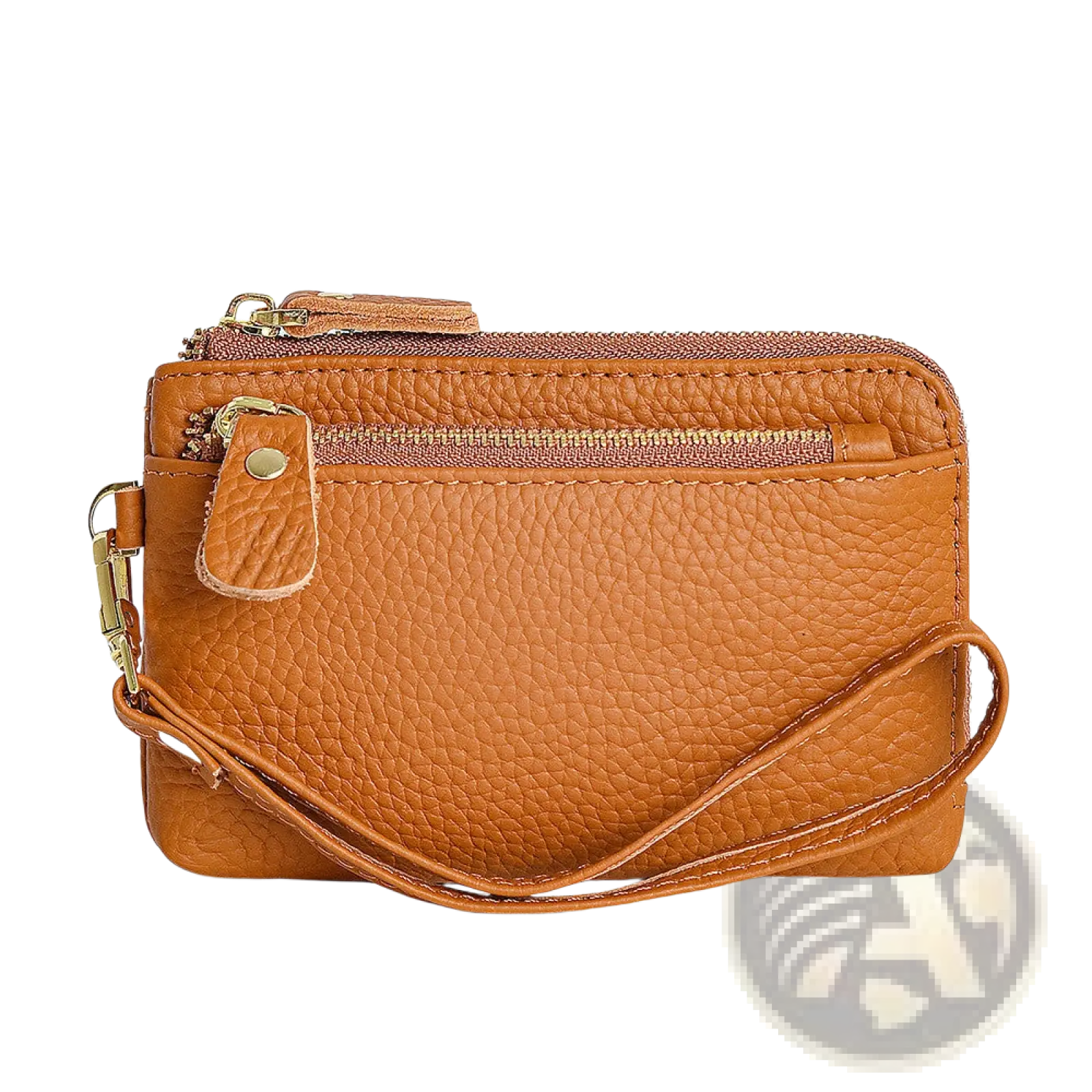 Tan pebbled leather wristlet wallet with gold hardware zippers and matching adjustable strap for convenient carrying