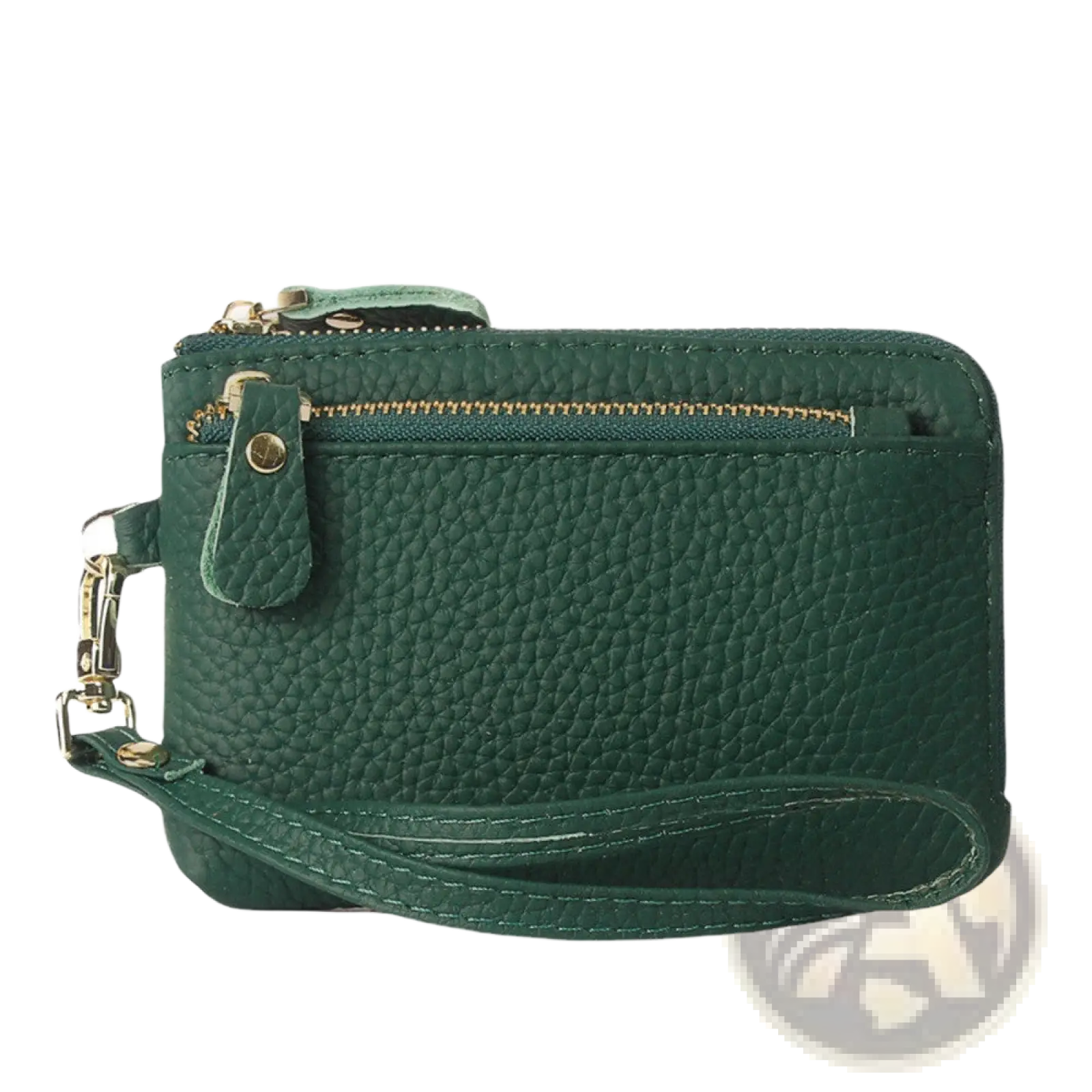 Dark green pebbled leather wristlet wallet with premium textured material and gold-tone zipper and hardware