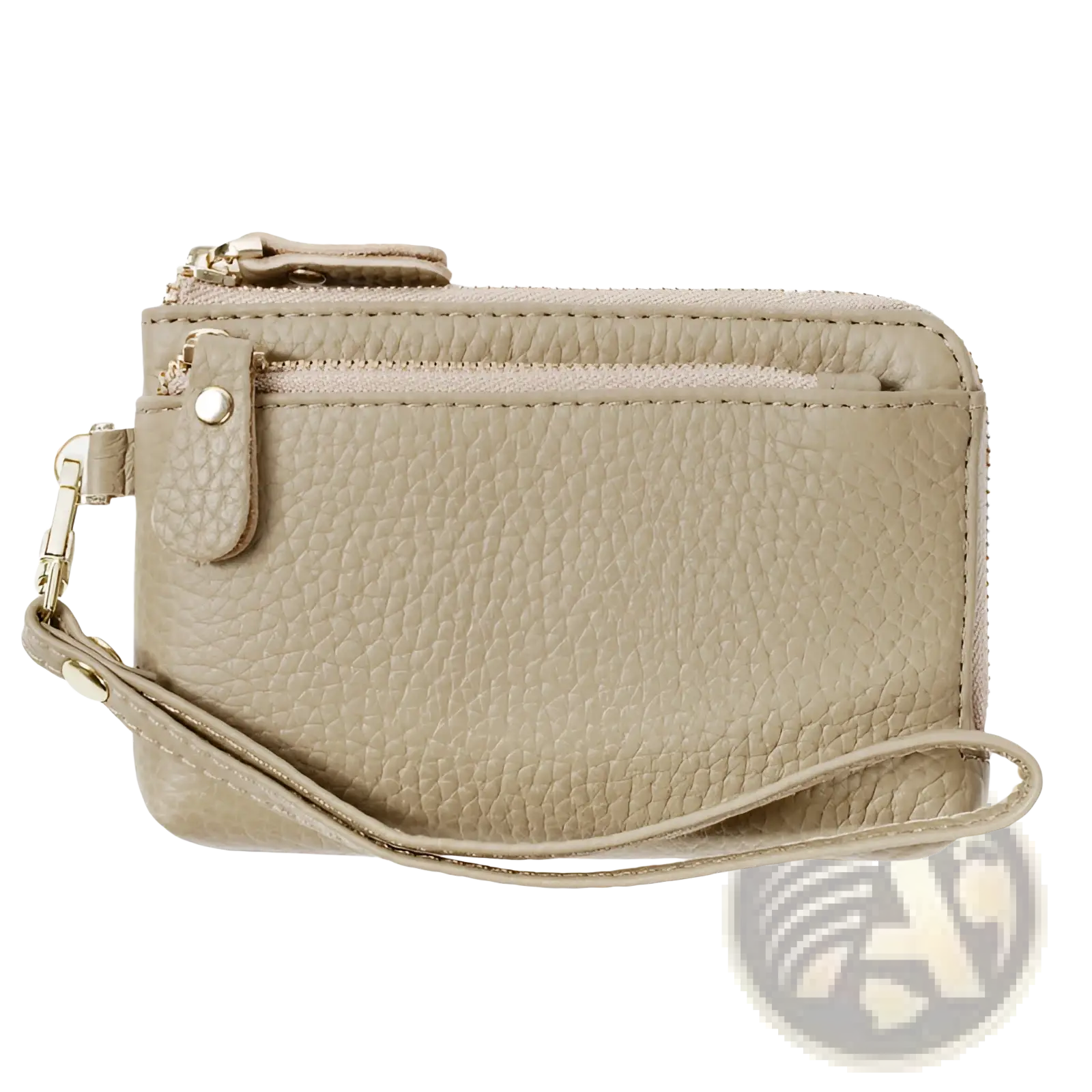 Premium textured leather wristlet wallet in beige with dual zippers and gold-tone hardware for organized storage