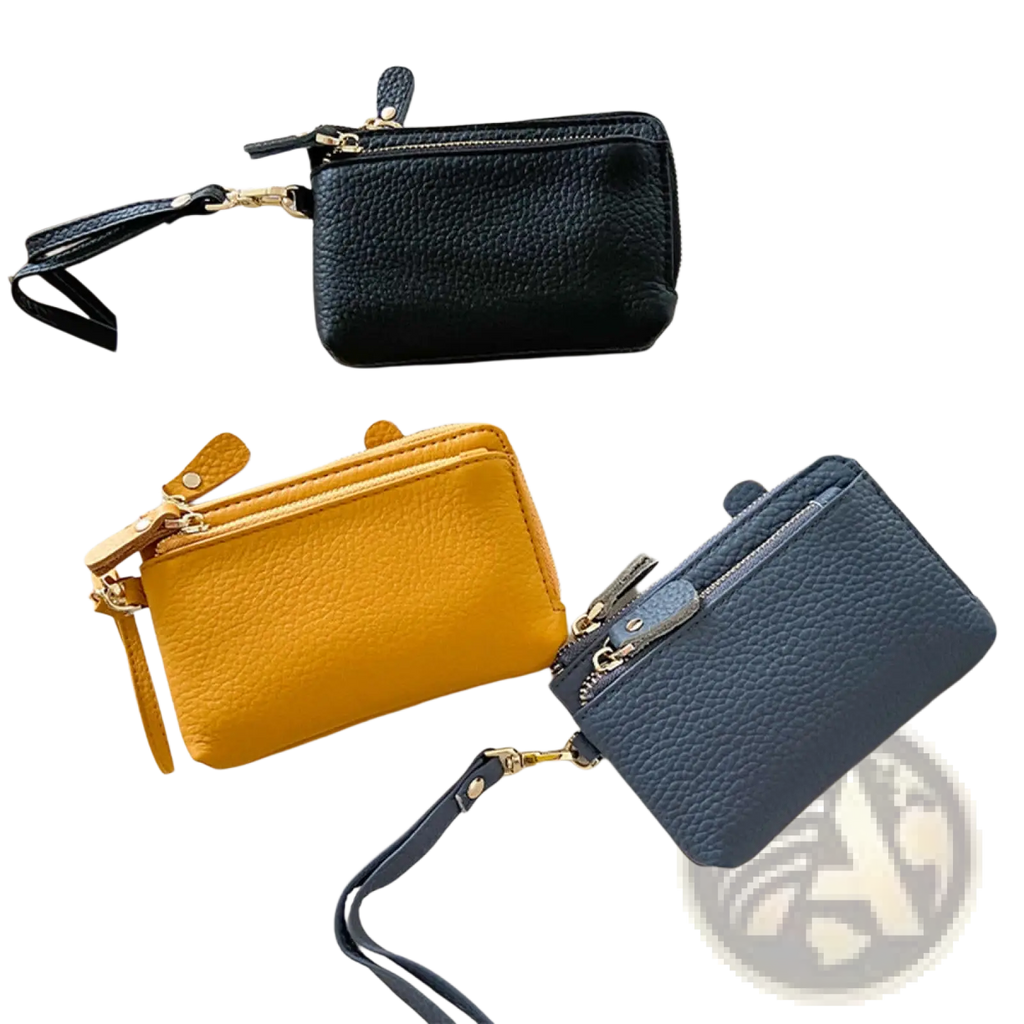 Premium textured leather wristlet wallets in black mustard yellow and navy blue with gold-tone zippers and matching straps