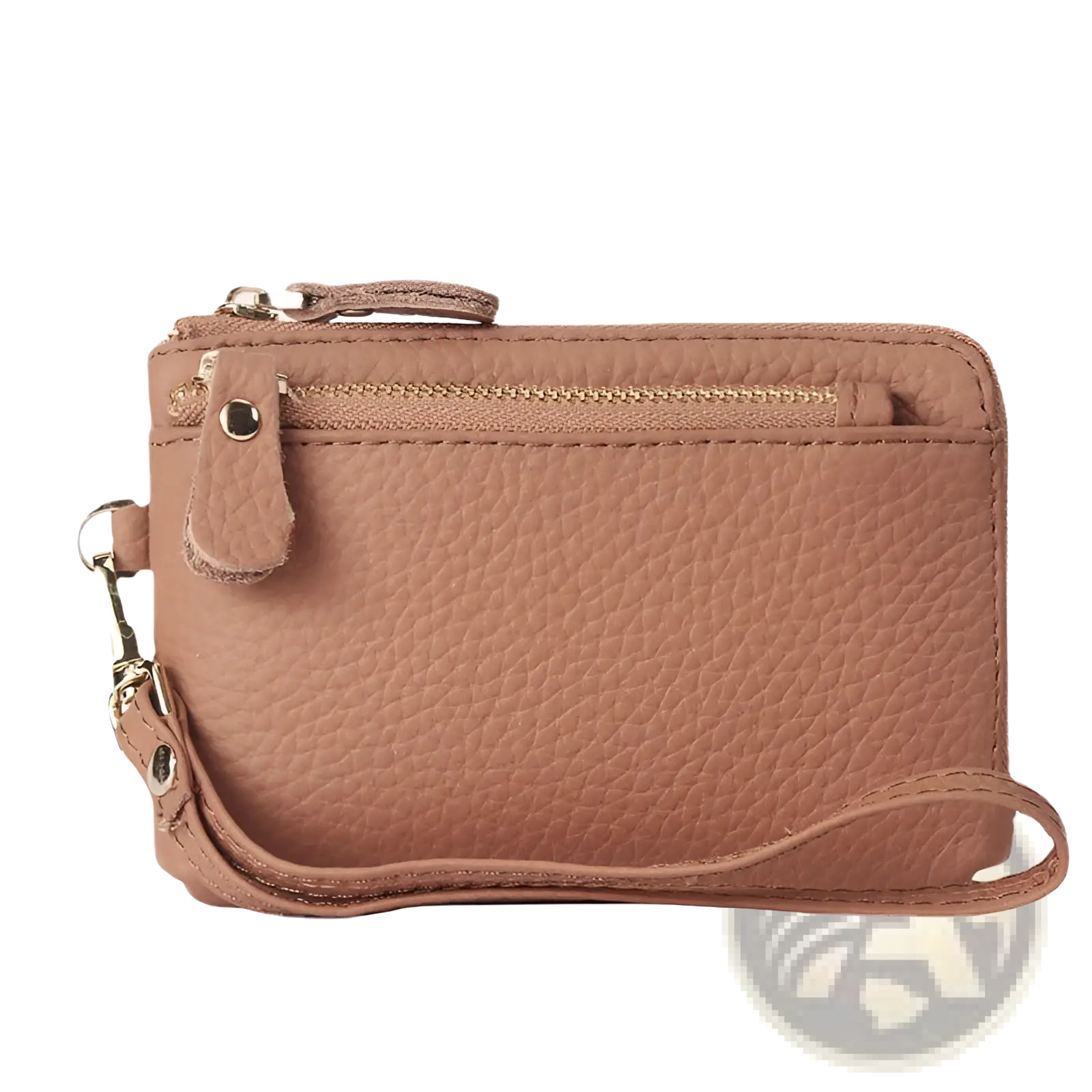 Premium textured leather wristlet wallet in taupe with gold hardware and matching strap for elegant carrying